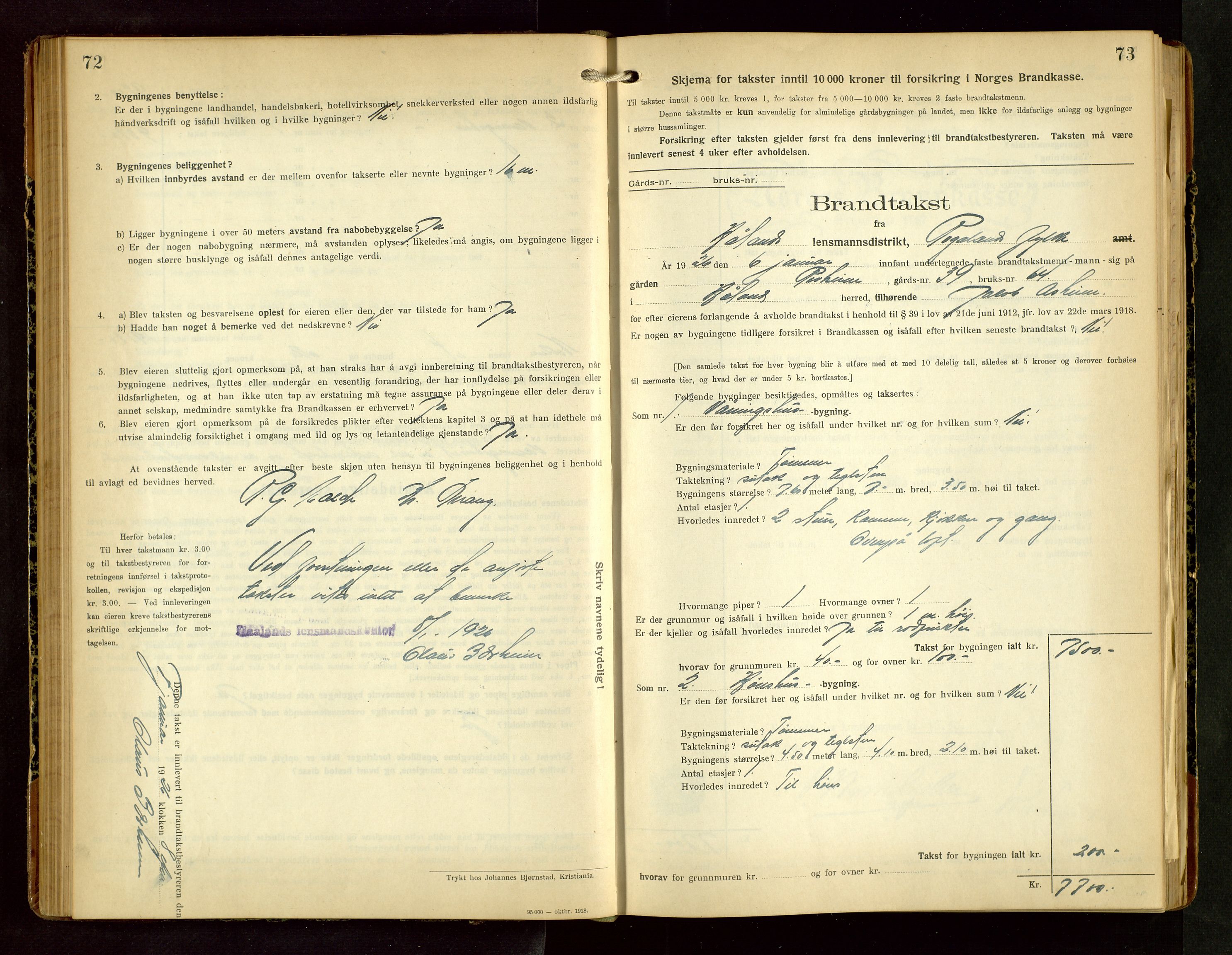 Håland lensmannskontor, SAST/A-100100/Gob/L0008: Branntakstprotokoll - skjematakst. Register i boken., 1925-1930, s. 72-73