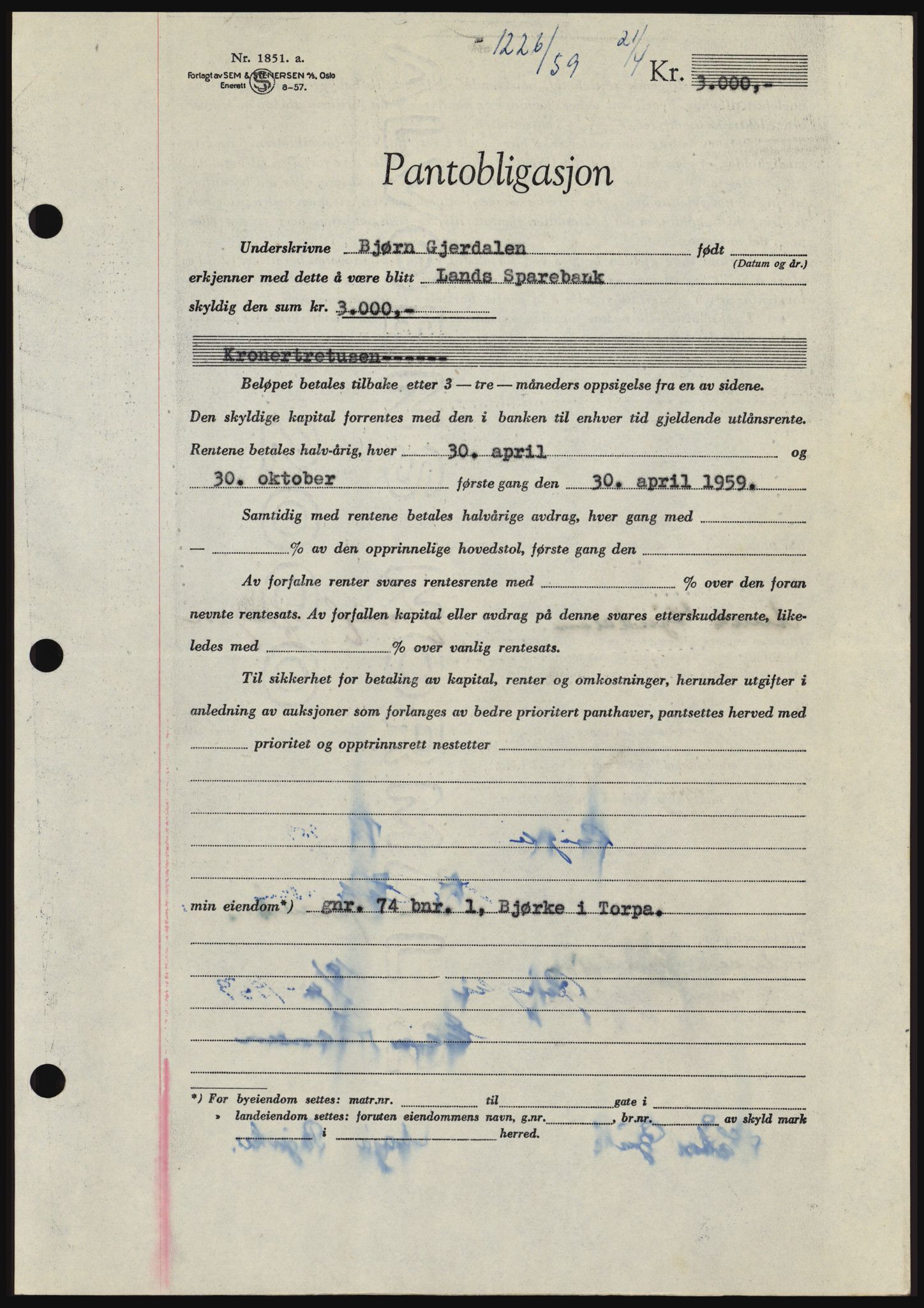 Hadeland og Land tingrett, SAH/TING-010/H/Hb/Hbc/L0040: Pantebok nr. B40, 1959-1959, Dagboknr: 1226/1959