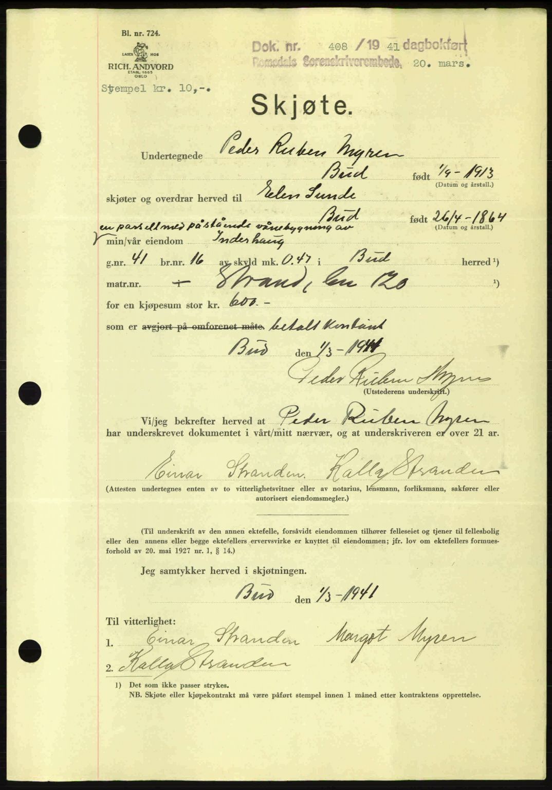 Romsdal sorenskriveri, SAT/A-4149/1/2/2C: Pantebok nr. A9, 1940-1941, Dagboknr: 408/1941