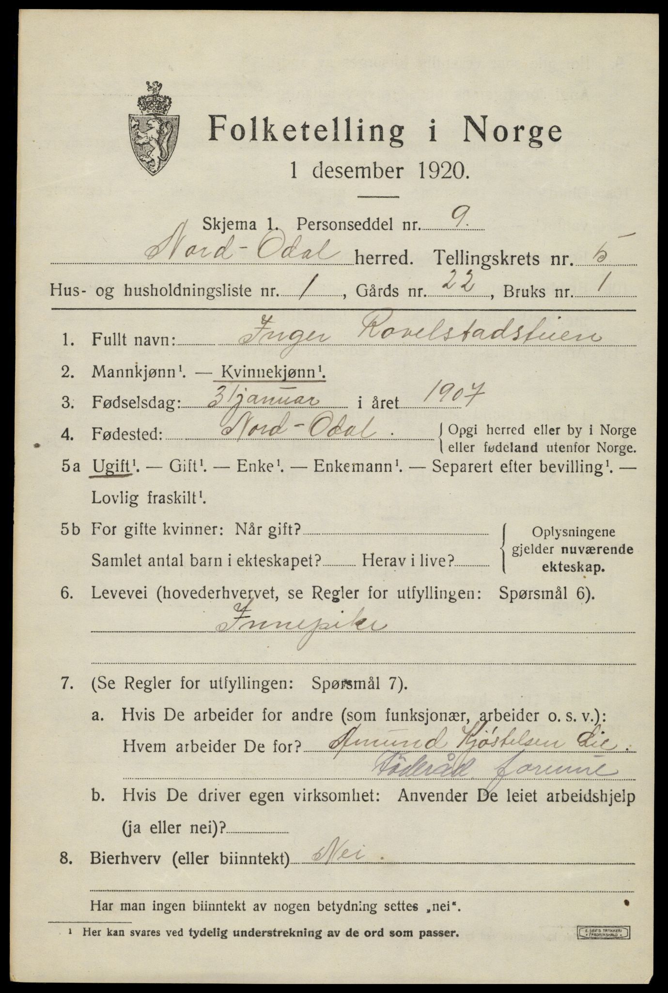 SAH, Folketelling 1920 for 0418 Nord-Odal herred, 1920, s. 5049