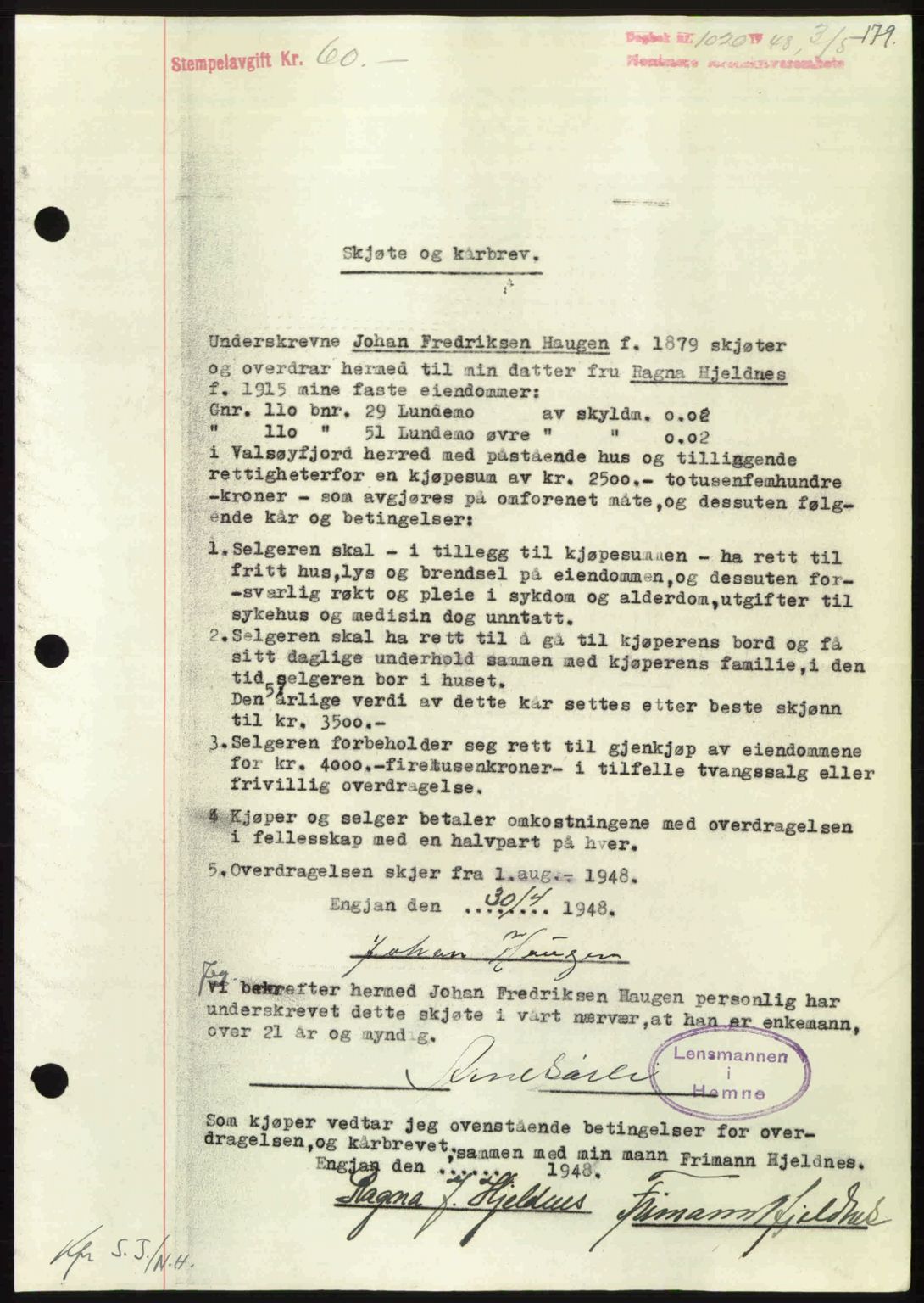 Nordmøre sorenskriveri, SAT/A-4132/1/2/2Ca: Pantebok nr. A108, 1948-1948, Dagboknr: 1020/1948
