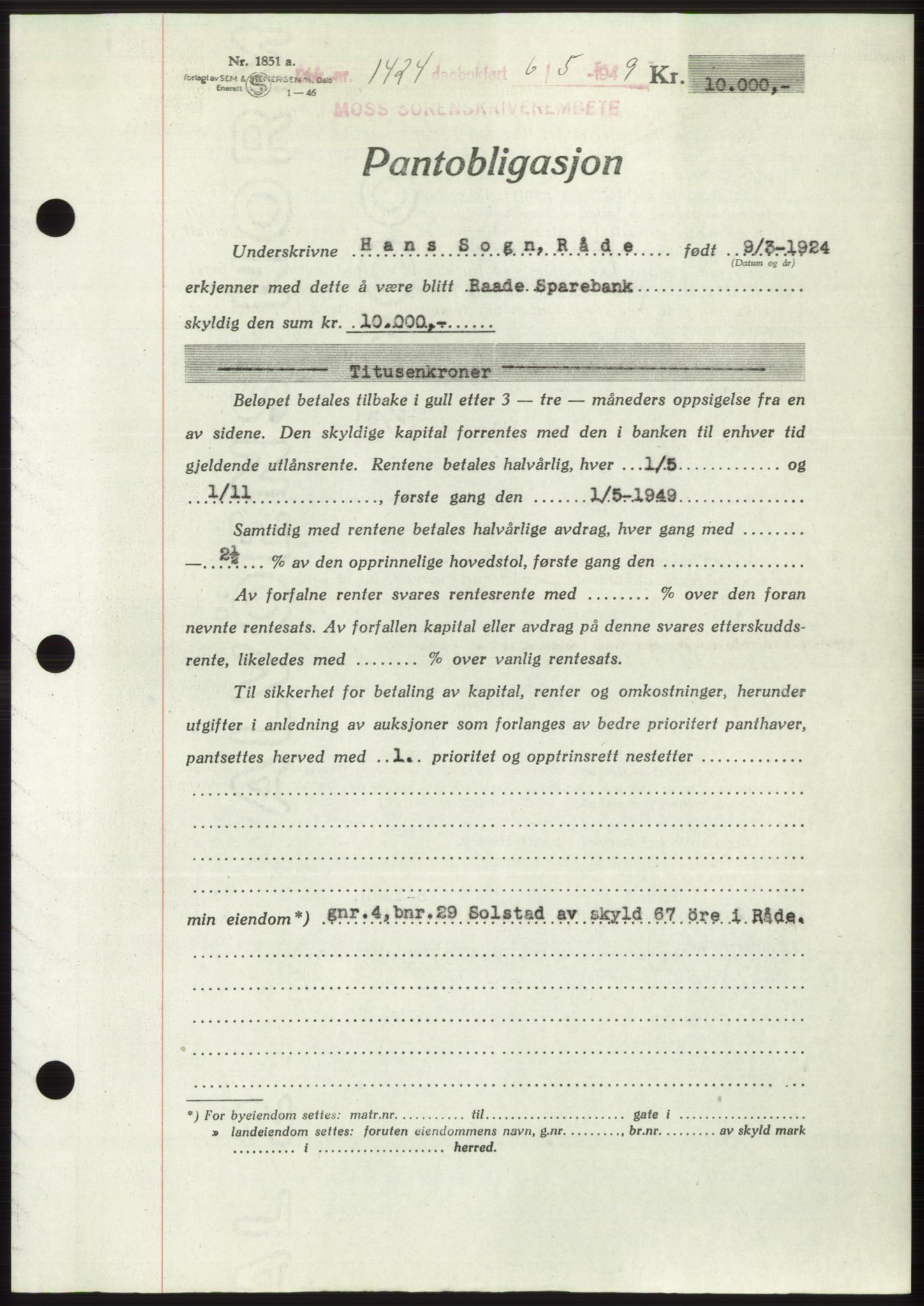 Moss sorenskriveri, SAO/A-10168: Pantebok nr. B21, 1949-1949, Dagboknr: 1424/1949