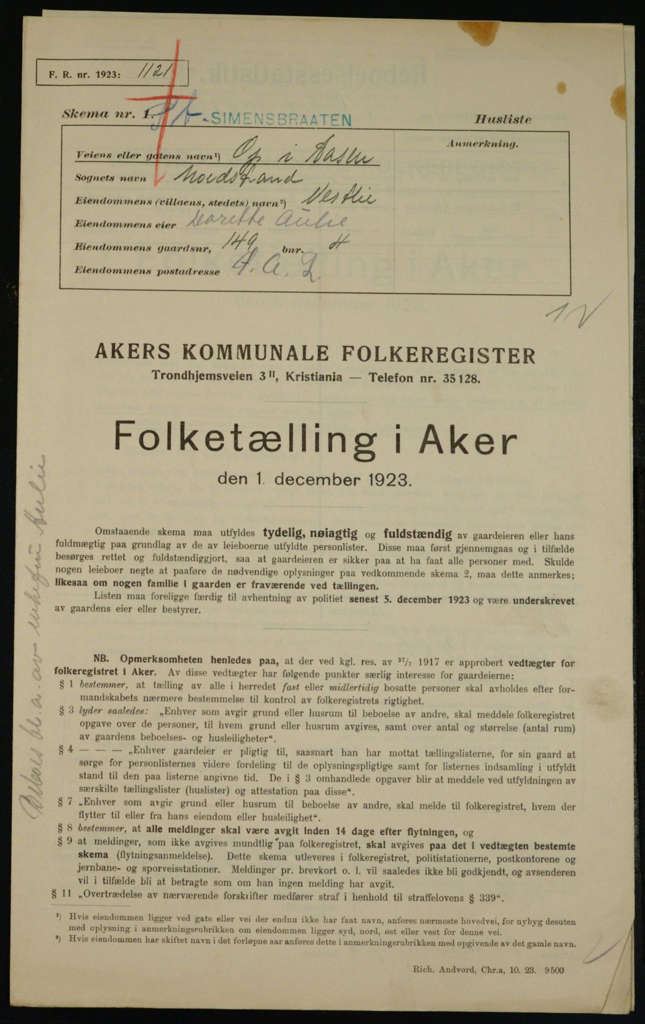 , Kommunal folketelling 1.12.1923 for Aker, 1923, s. 43201