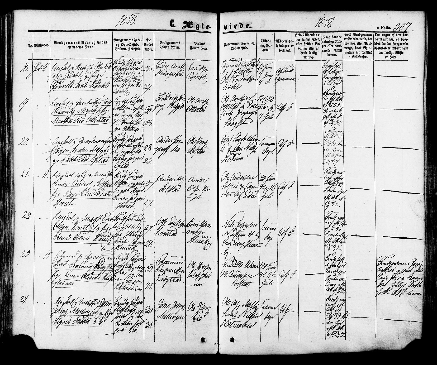 Ministerialprotokoller, klokkerbøker og fødselsregistre - Sør-Trøndelag, AV/SAT-A-1456/665/L0772: Ministerialbok nr. 665A07, 1856-1878, s. 307
