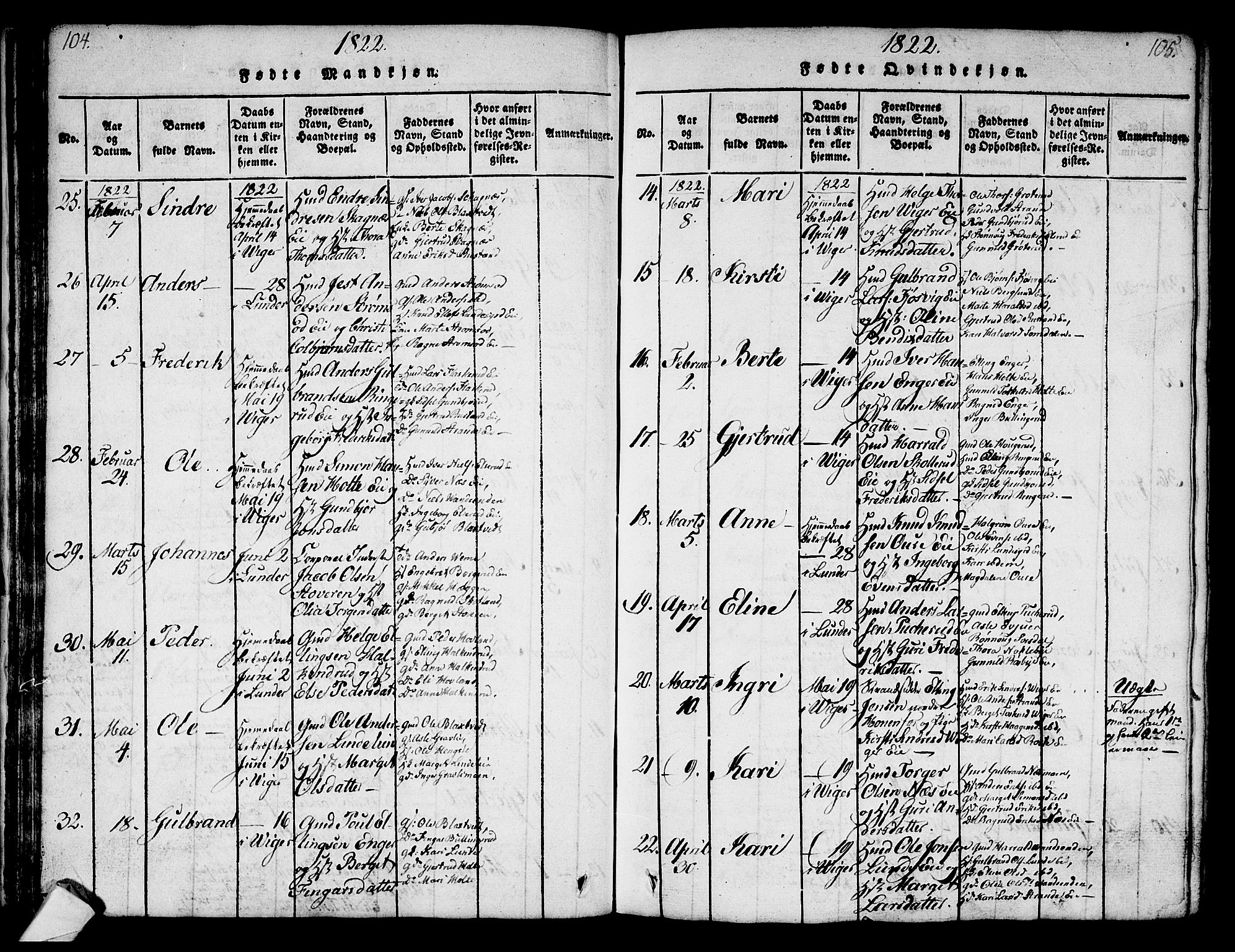 Norderhov kirkebøker, AV/SAKO-A-237/G/Ga/L0003: Klokkerbok nr. I 3 /2, 1814-1876, s. 104-105