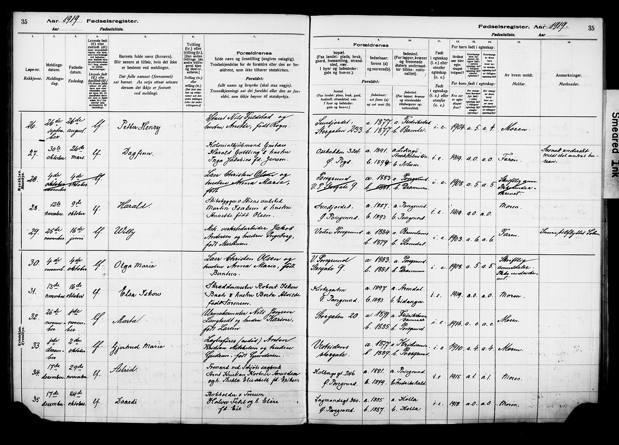 Porsgrunn kirkebøker , SAKO/A-104/J/Ja/L0001: Fødselsregister nr. 1, 1916-1929, s. 35