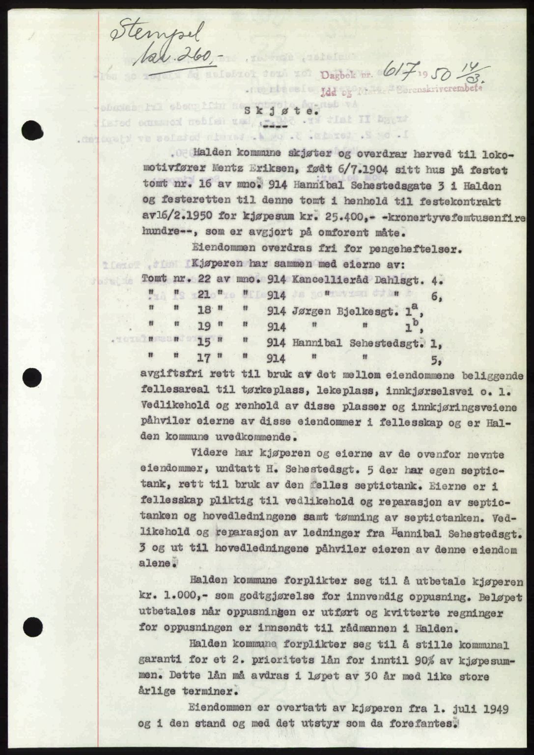 Idd og Marker sorenskriveri, AV/SAO-A-10283/G/Gb/Gbb/L0014: Pantebok nr. A14, 1950-1950, Dagboknr: 617/1950