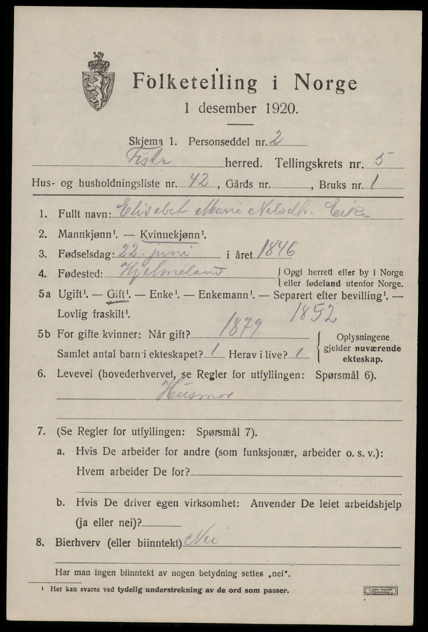 SAST, Folketelling 1920 for 1132 Fister herred, 1920, s. 1765