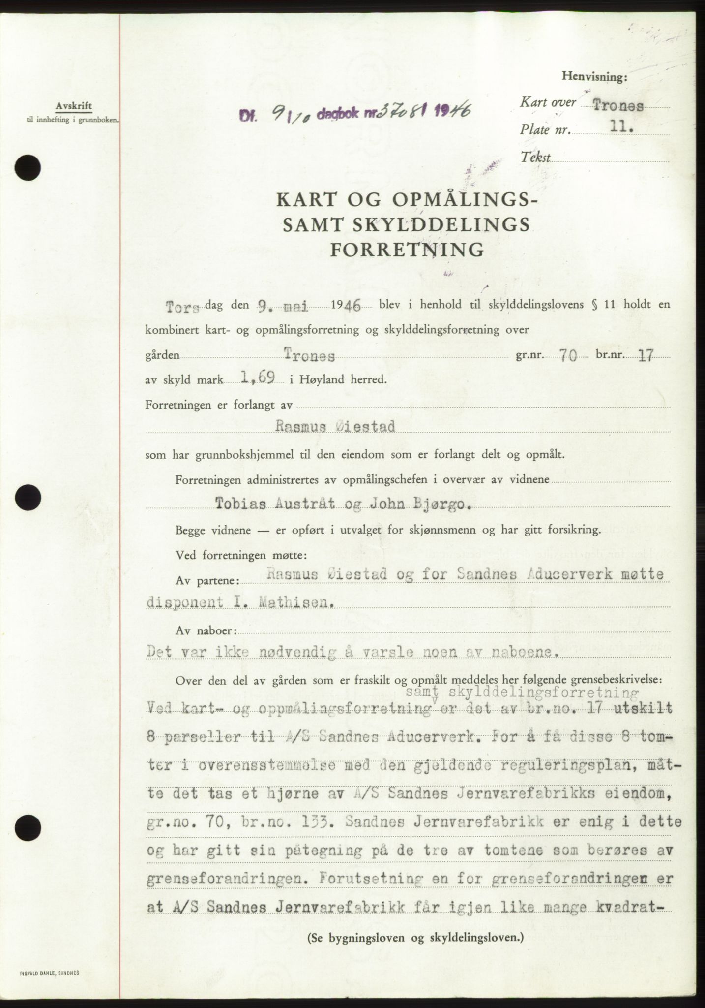 Jæren sorenskriveri, SAST/A-100310/03/G/Gba/L0091: Pantebok, 1946-1946, Dagboknr: 3708/1946
