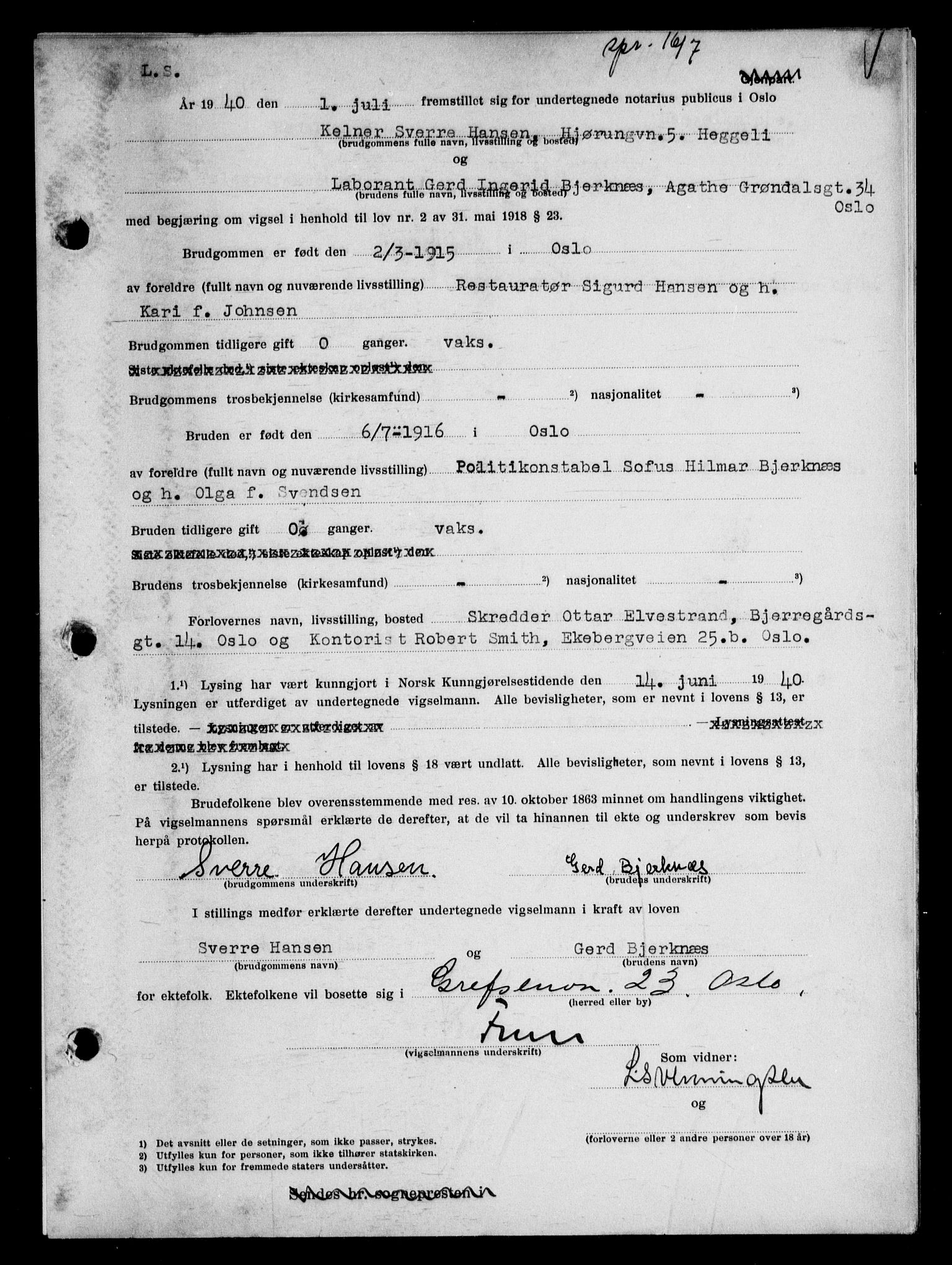 Oslo byfogd avd. I, AV/SAO-A-10220/L/Lb/Lbb/L0035: Notarialprotokoll, rekke II: Vigsler, 1940