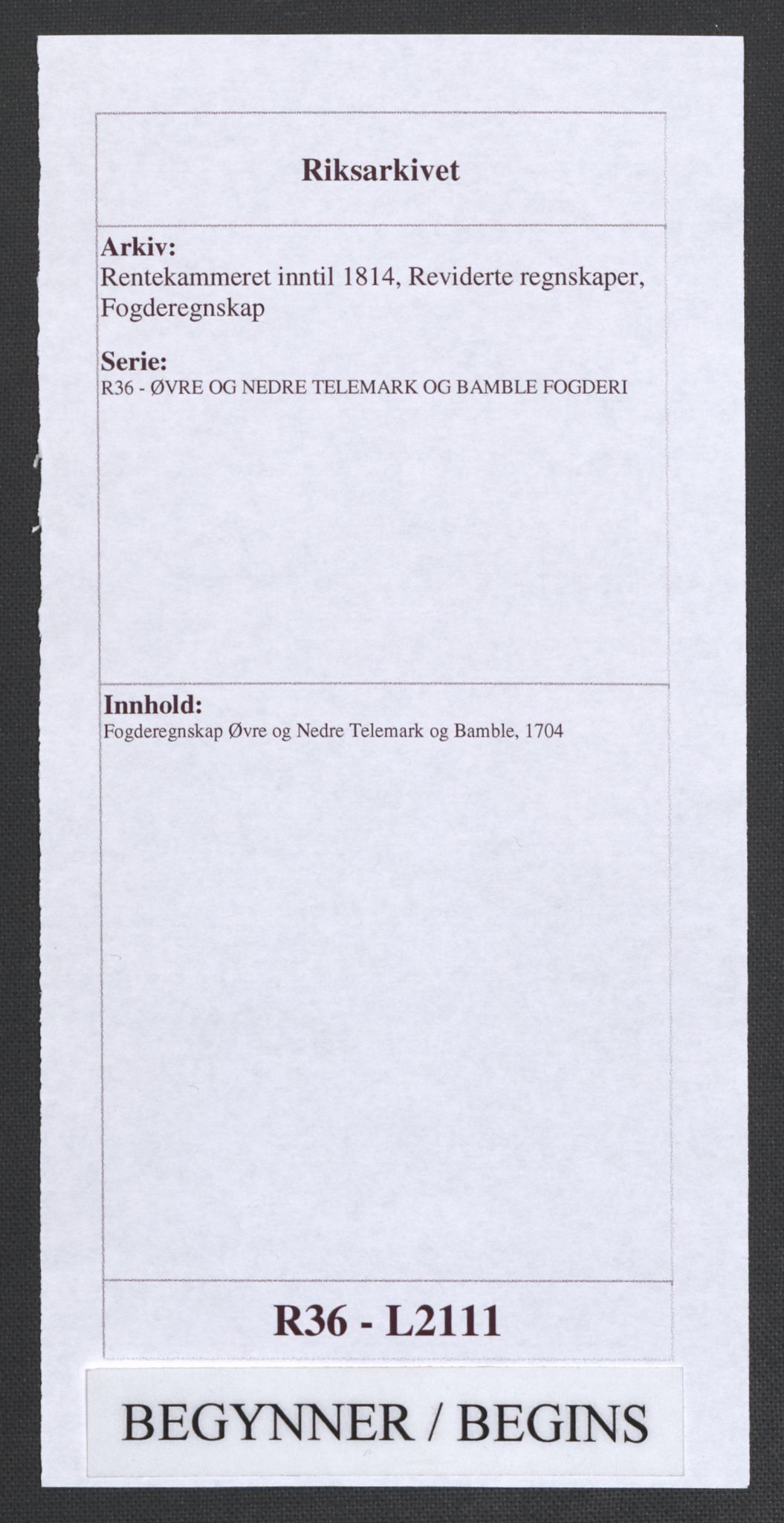 Rentekammeret inntil 1814, Reviderte regnskaper, Fogderegnskap, AV/RA-EA-4092/R36/L2111: Fogderegnskap Øvre og Nedre Telemark og Bamble, 1704, s. 1