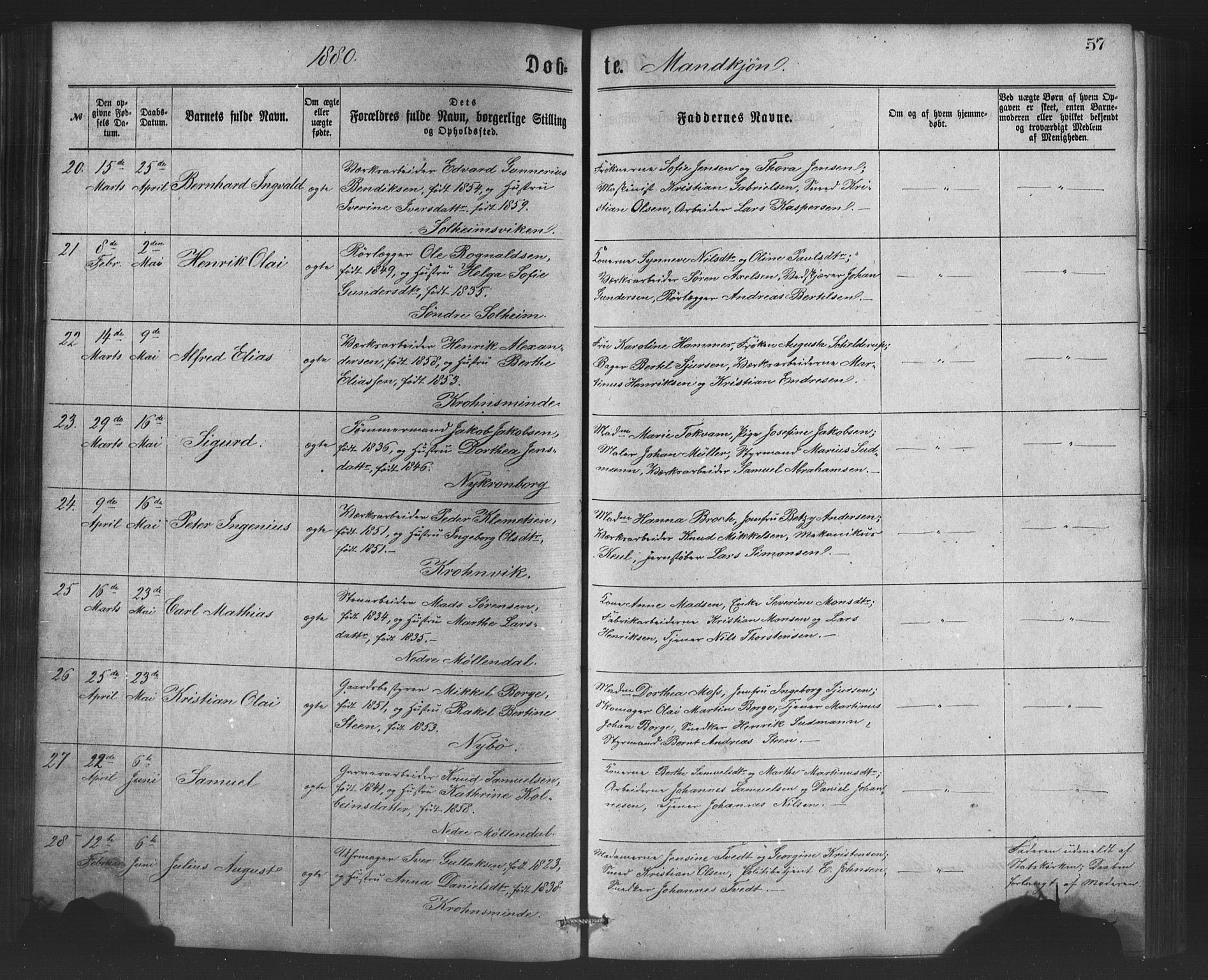 St. Jørgens hospital og Årstad sokneprestembete, AV/SAB-A-99934: Klokkerbok nr. A 4, 1873-1885, s. 57