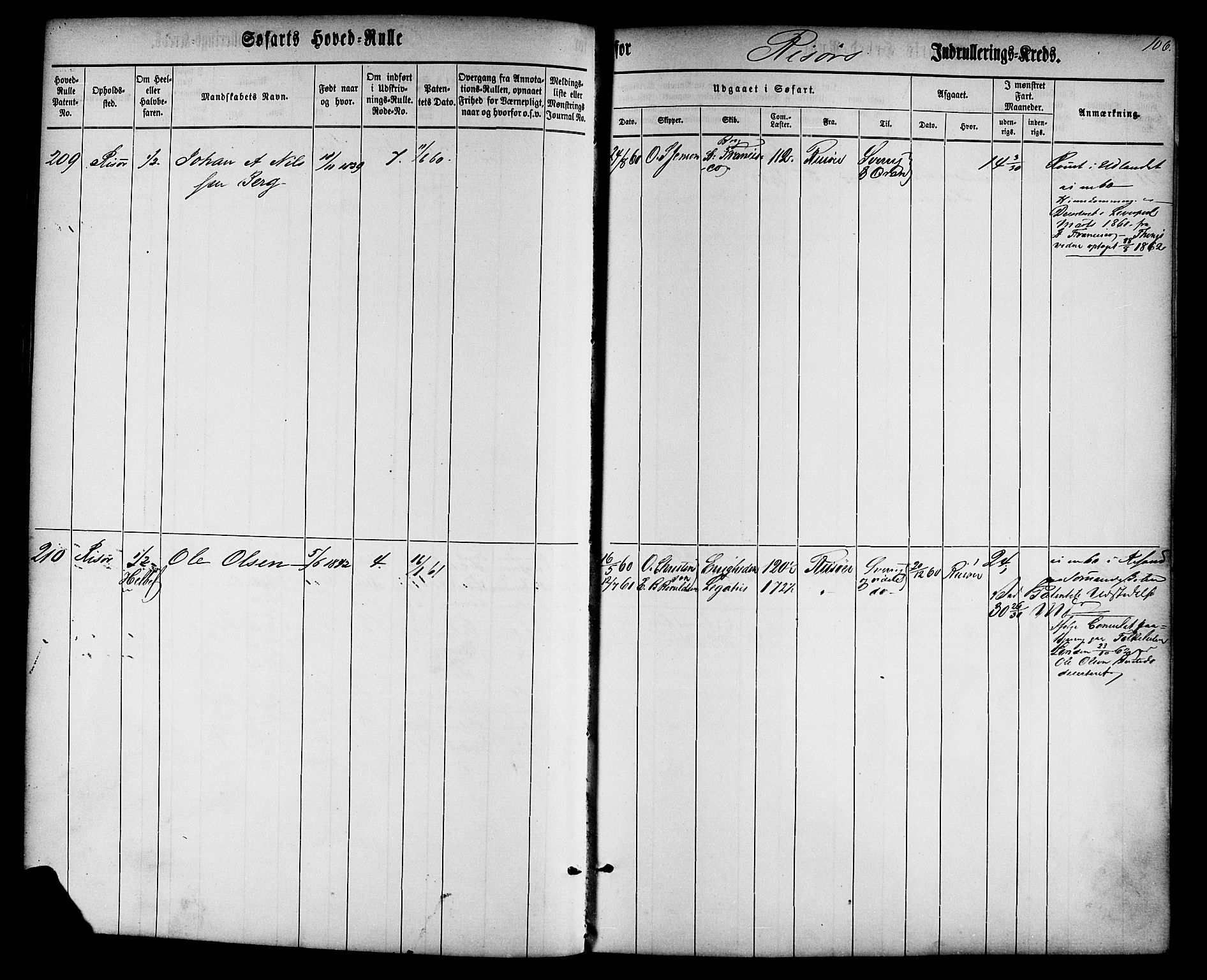 Risør mønstringskrets, AV/SAK-2031-0010/F/Fb/L0001: Hovedrulle nr 1-574 uten register, D-2, 1860-1877, s. 109