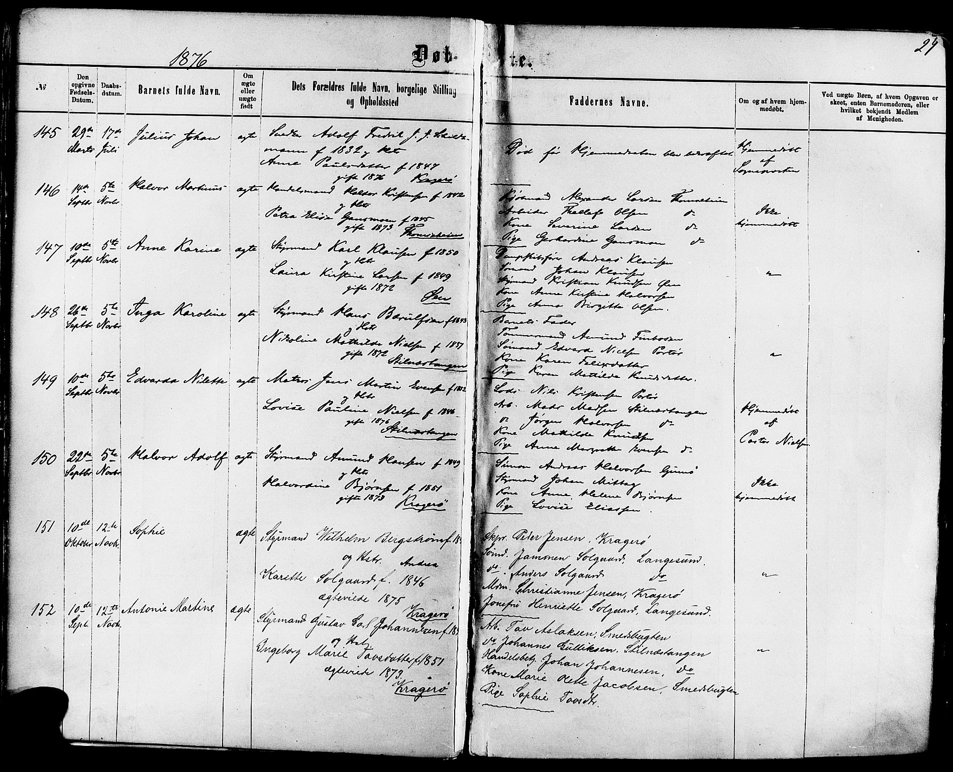 Kragerø kirkebøker, AV/SAKO-A-278/F/Fa/L0011: Ministerialbok nr. 11, 1875-1886, s. 29