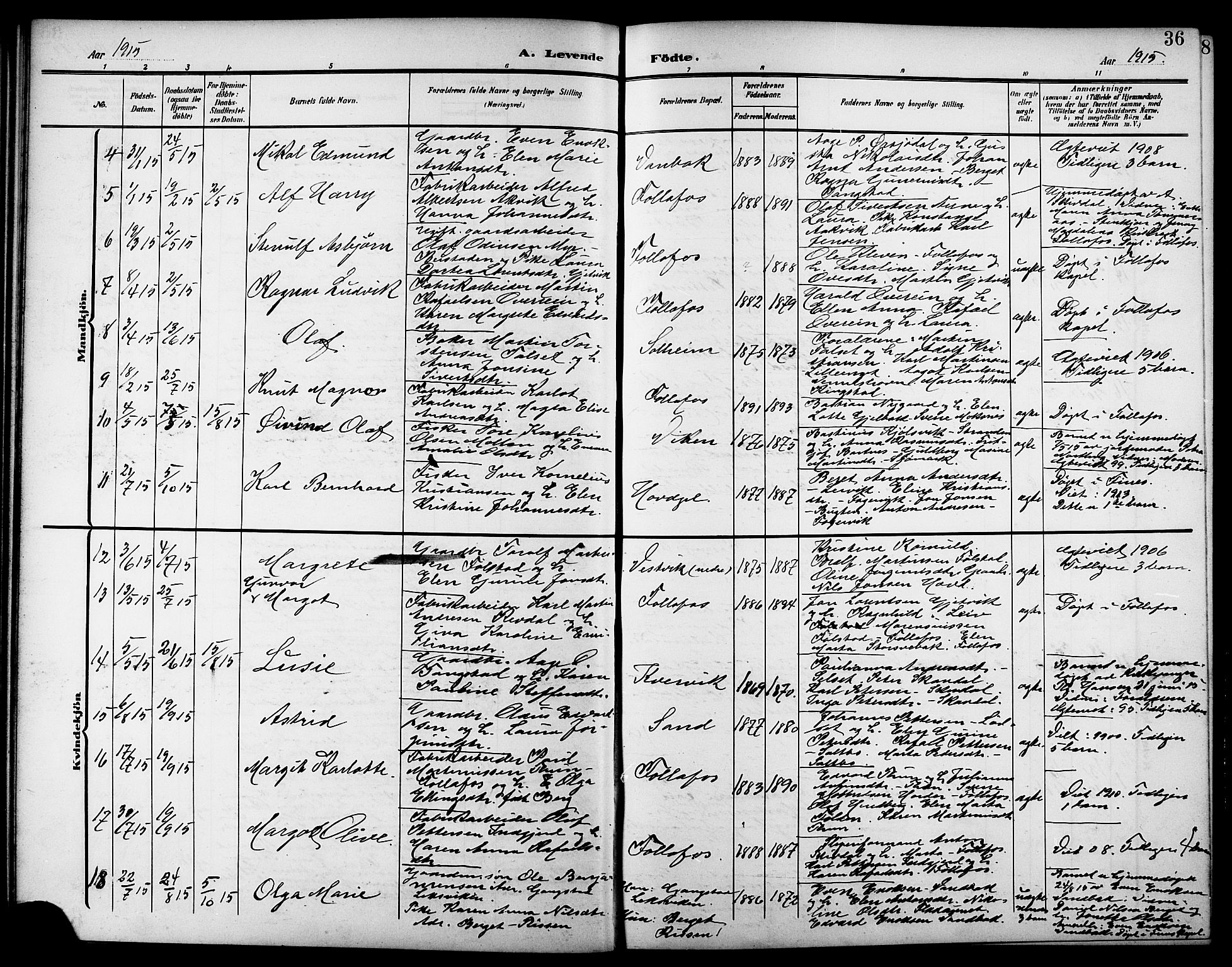 Ministerialprotokoller, klokkerbøker og fødselsregistre - Nord-Trøndelag, AV/SAT-A-1458/744/L0424: Klokkerbok nr. 744C03, 1906-1923, s. 36