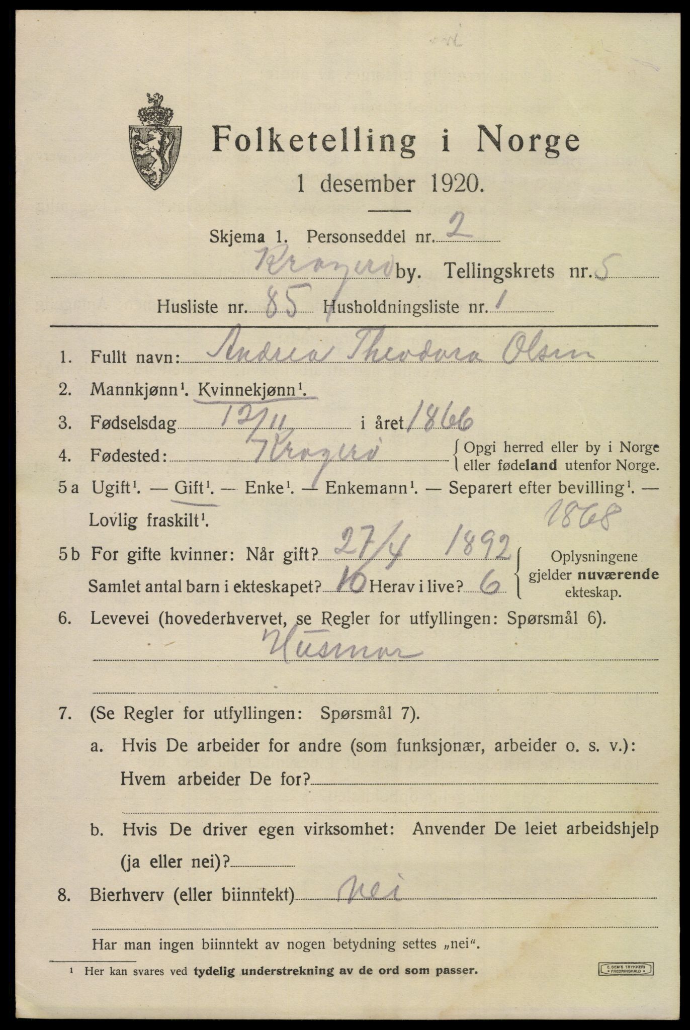 SAKO, Folketelling 1920 for 0801 Kragerø kjøpstad, 1920, s. 9039