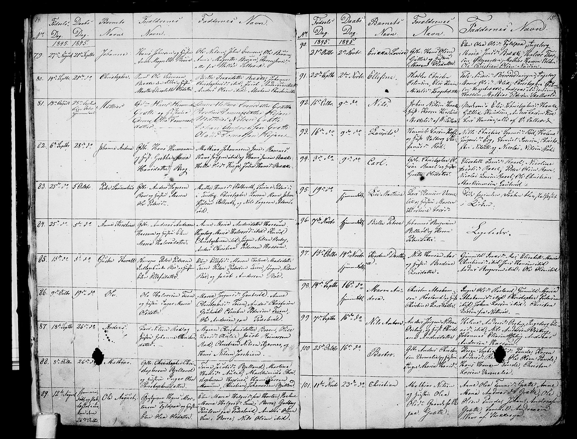Sem kirkebøker, AV/SAKO-A-5/G/Ga/L0003: Klokkerbok nr. I 3, 1844-1855, s. 14-15