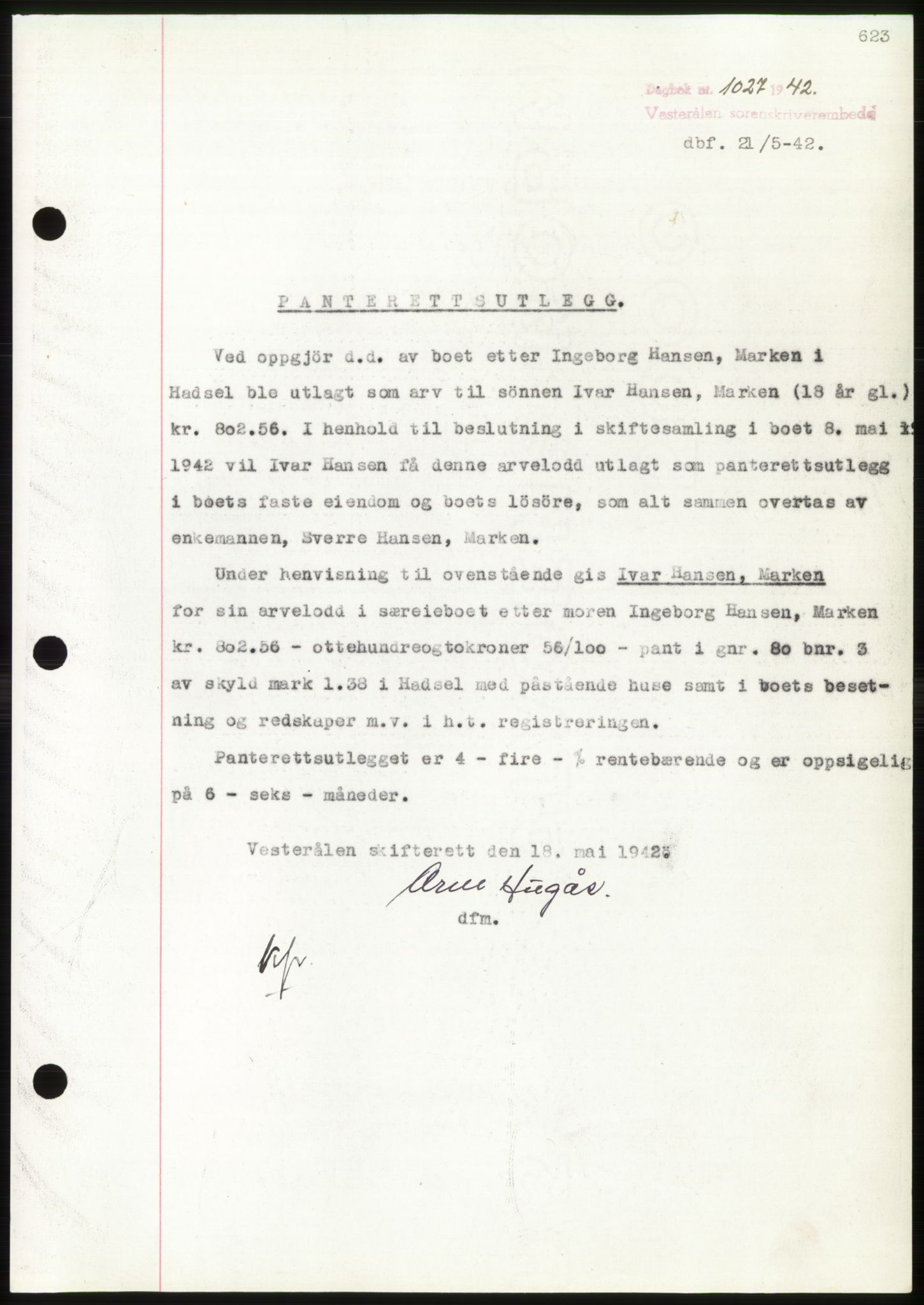 Vesterålen sorenskriveri, AV/SAT-A-4180/1/2/2Ca: Pantebok nr. B11-14, 1941-1946, Dagboknr: 1027/1942