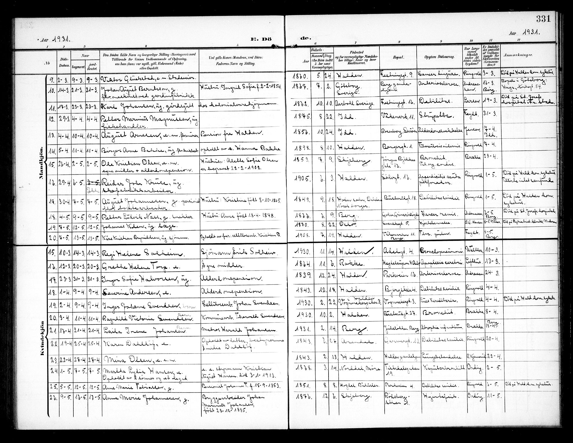 Halden prestekontor Kirkebøker, AV/SAO-A-10909/G/Ga/L0011: Klokkerbok nr. 11, 1906-1934, s. 331