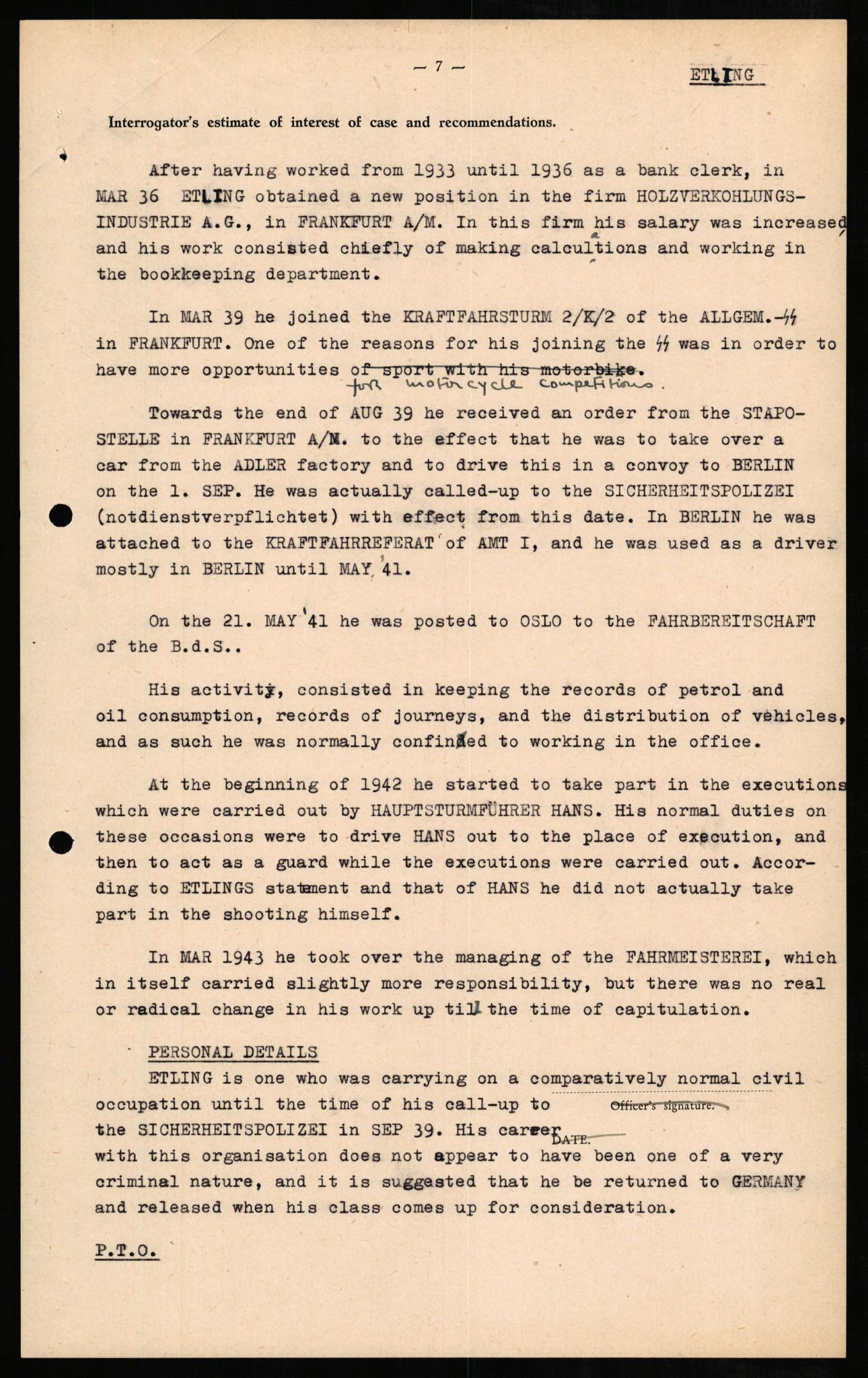 Forsvaret, Forsvarets overkommando II, RA/RAFA-3915/D/Db/L0007: CI Questionaires. Tyske okkupasjonsstyrker i Norge. Tyskere., 1945-1946, s. 335