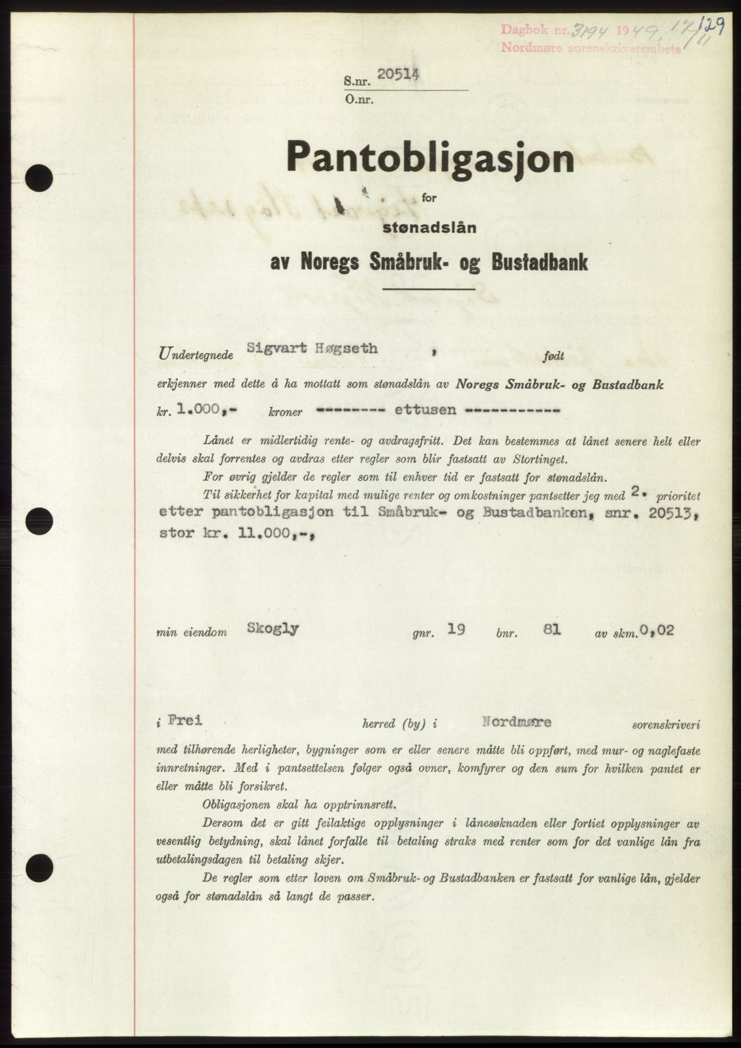 Nordmøre sorenskriveri, AV/SAT-A-4132/1/2/2Ca: Pantebok nr. B103, 1949-1950, Dagboknr: 3194/1949