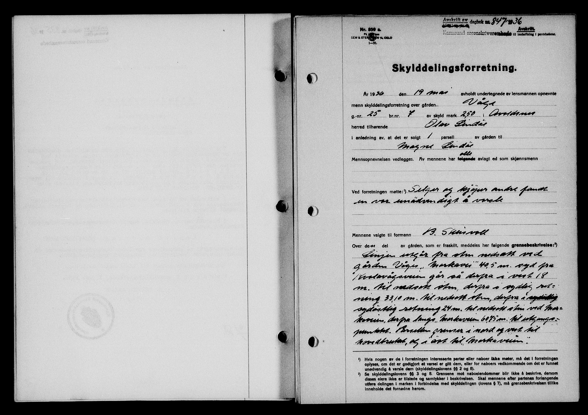 Karmsund sorenskriveri, SAST/A-100311/01/II/IIB/L0066: Pantebok nr. 47A, 1936-1936, Dagboknr: 847/1936