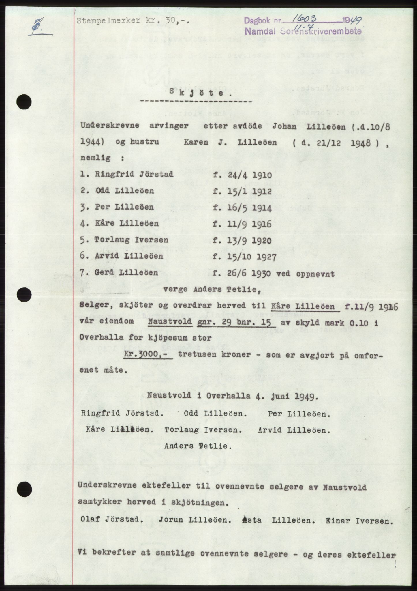 Namdal sorenskriveri, SAT/A-4133/1/2/2C: Pantebok nr. -, 1949-1949, Dagboknr: 1603/1949