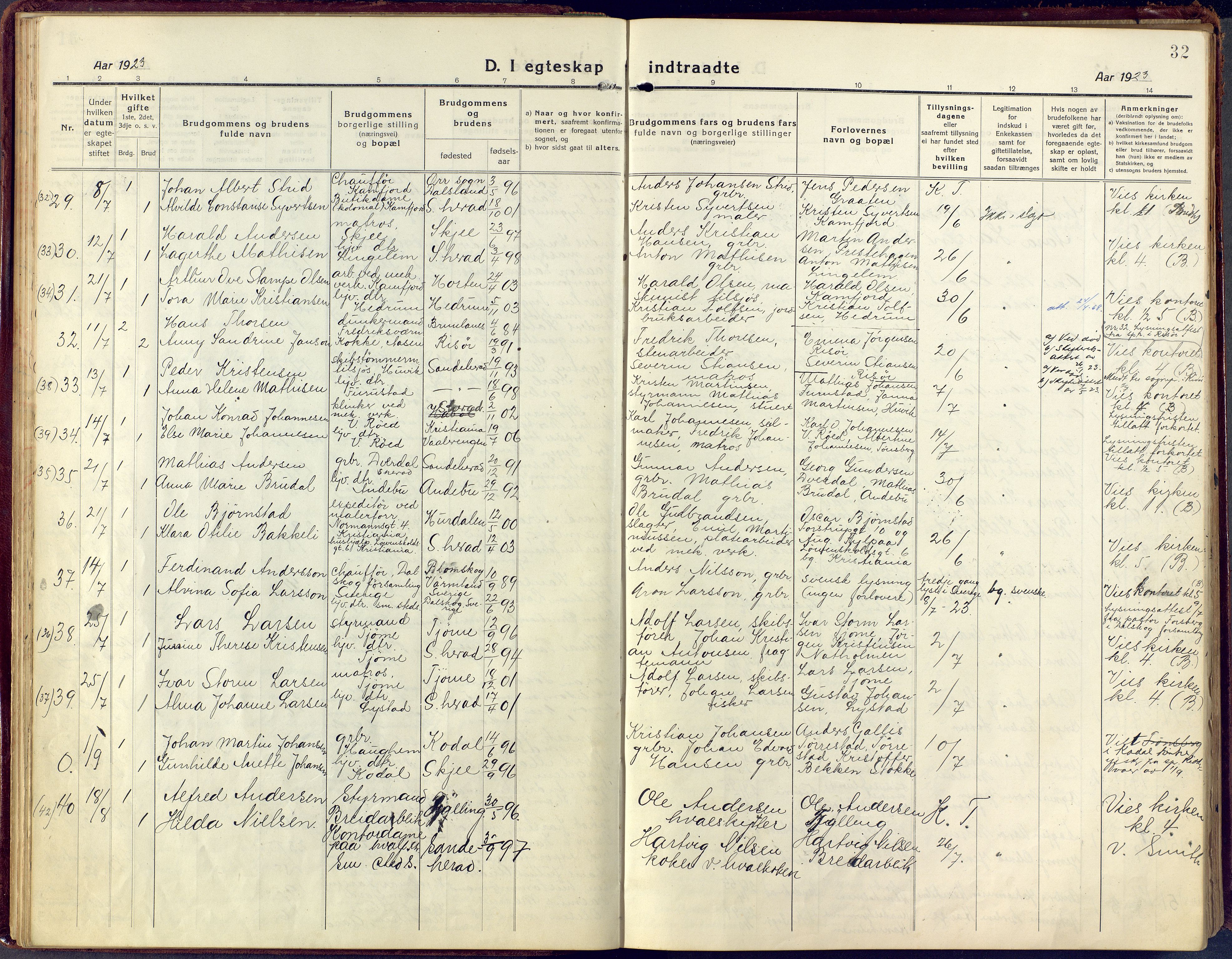 Sandar kirkebøker, AV/SAKO-A-243/F/Fa/L0021: Ministerialbok nr. 21, 1919-1925, s. 32
