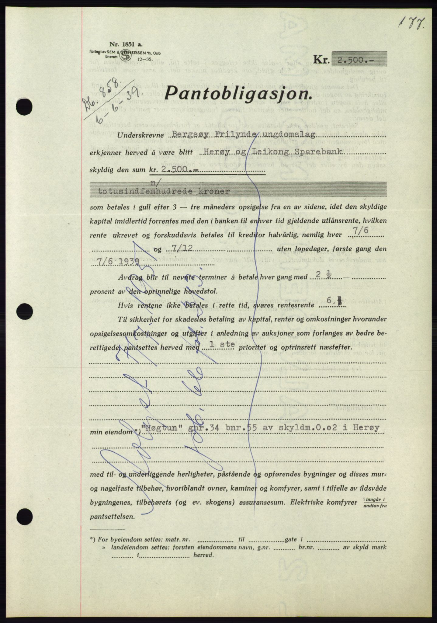 Søre Sunnmøre sorenskriveri, AV/SAT-A-4122/1/2/2C/L0068: Pantebok nr. 62, 1939-1939, Dagboknr: 858/1939