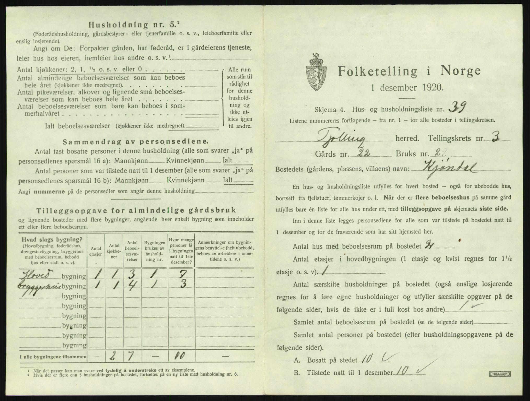 SAKO, Folketelling 1920 for 0725 Tjølling herred, 1920, s. 1043