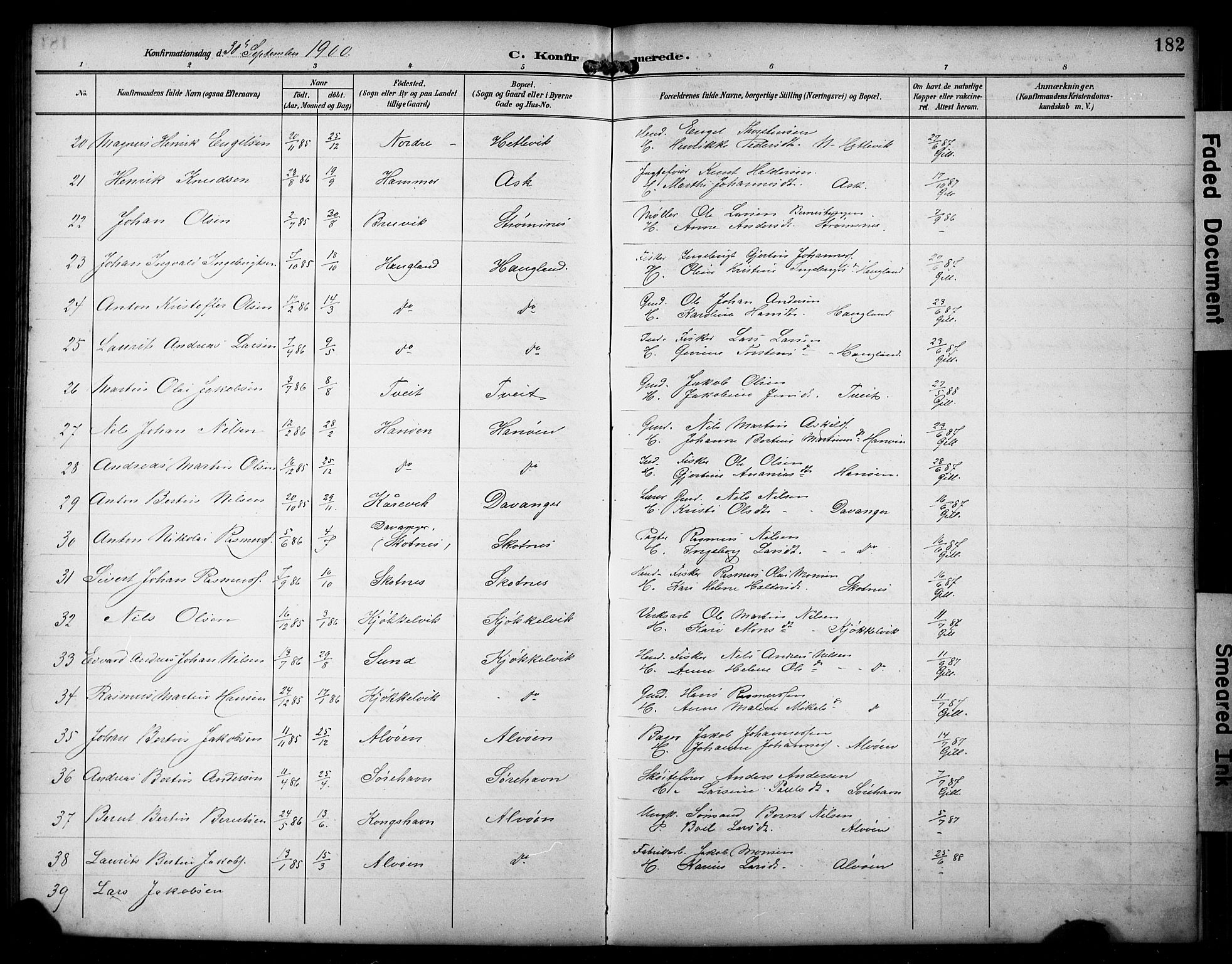 Askøy Sokneprestembete, AV/SAB-A-74101/H/Ha/Hab/Haba/L0009: Klokkerbok nr. A 9, 1894-1903, s. 182