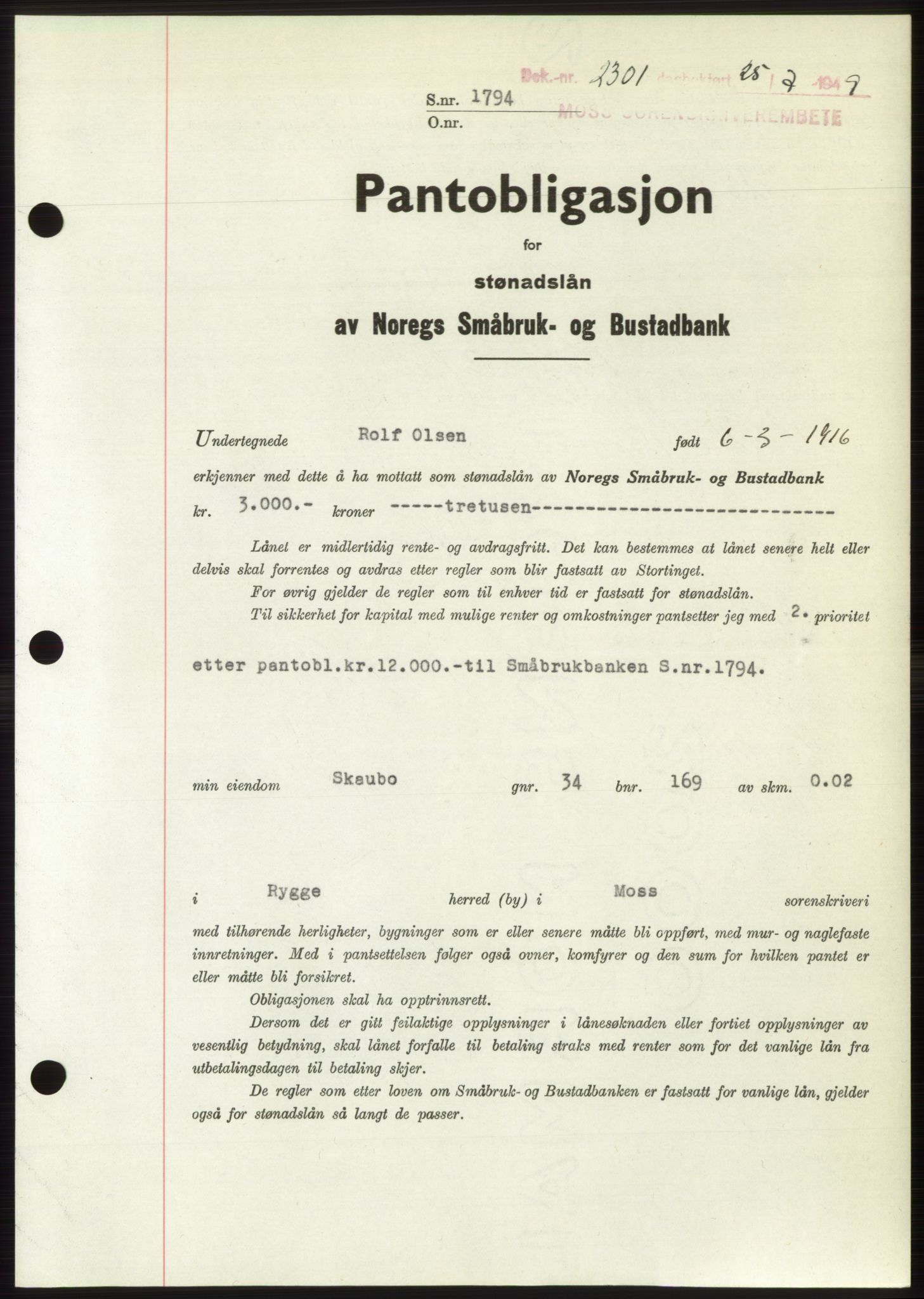 Moss sorenskriveri, SAO/A-10168: Pantebok nr. B22, 1949-1949, Dagboknr: 2301/1949