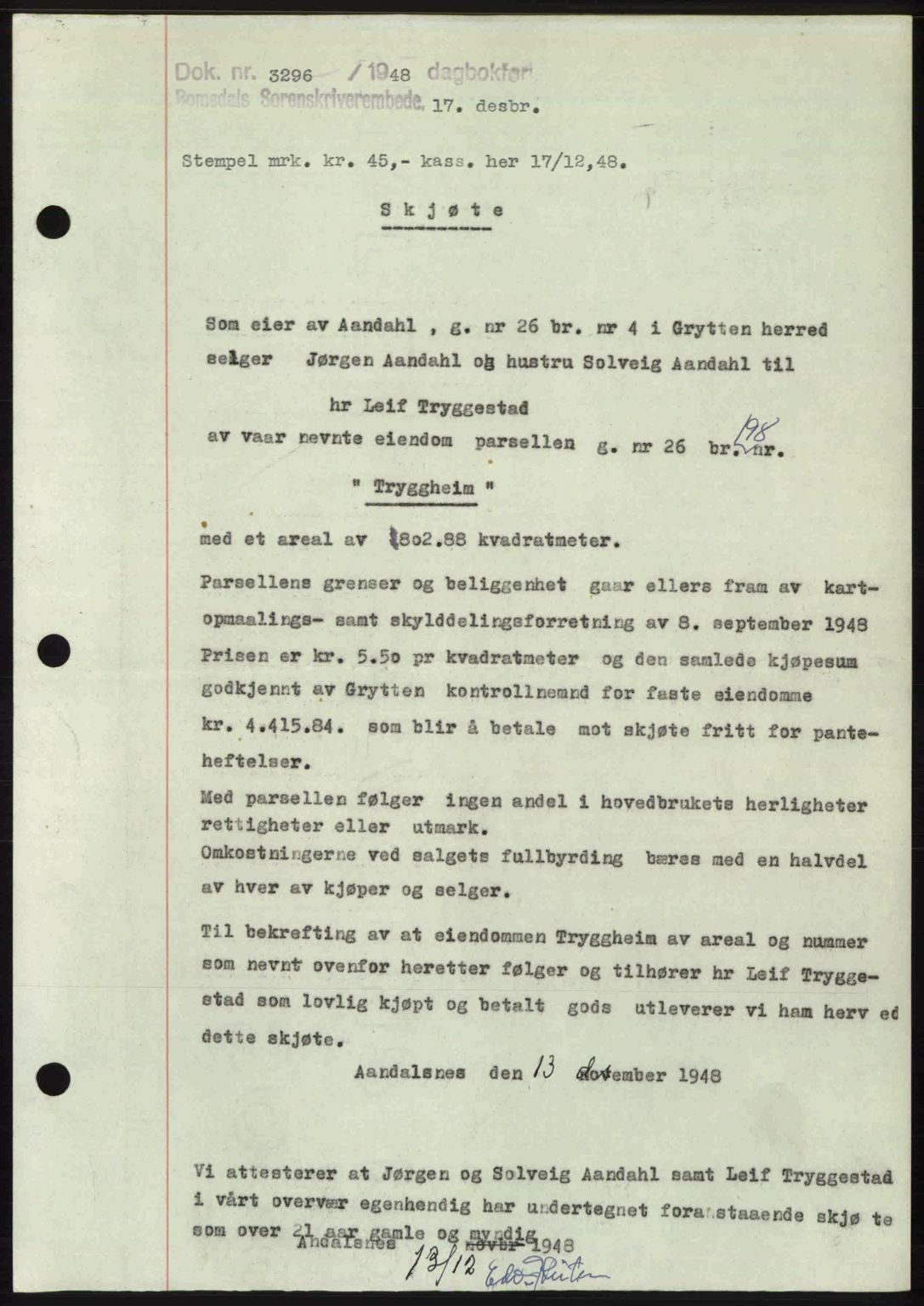 Romsdal sorenskriveri, AV/SAT-A-4149/1/2/2C: Pantebok nr. A28, 1948-1949, Dagboknr: 3296/1948