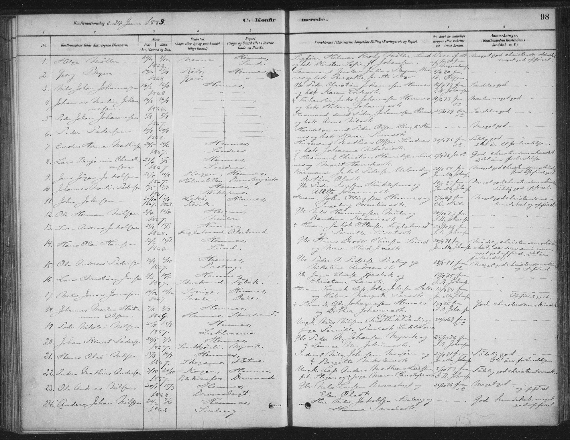 Ministerialprotokoller, klokkerbøker og fødselsregistre - Nordland, AV/SAT-A-1459/825/L0361: Ministerialbok nr. 825A15, 1878-1893, s. 98