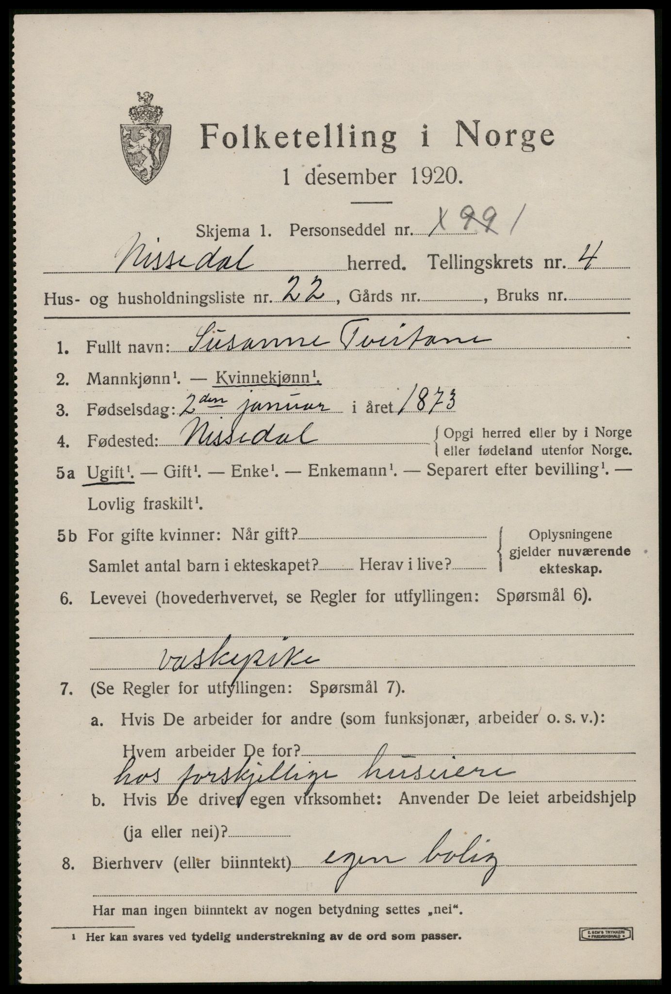 SAKO, Folketelling 1920 for 0830 Nissedal herred, 1920, s. 2027