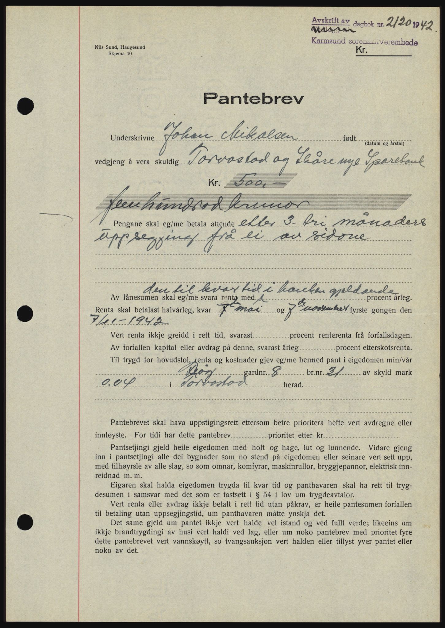 Karmsund sorenskriveri, SAST/A-100311/01/II/IIBBE/L0008: Pantebok nr. B 54, 1942-1943, Dagboknr: 2120/1942