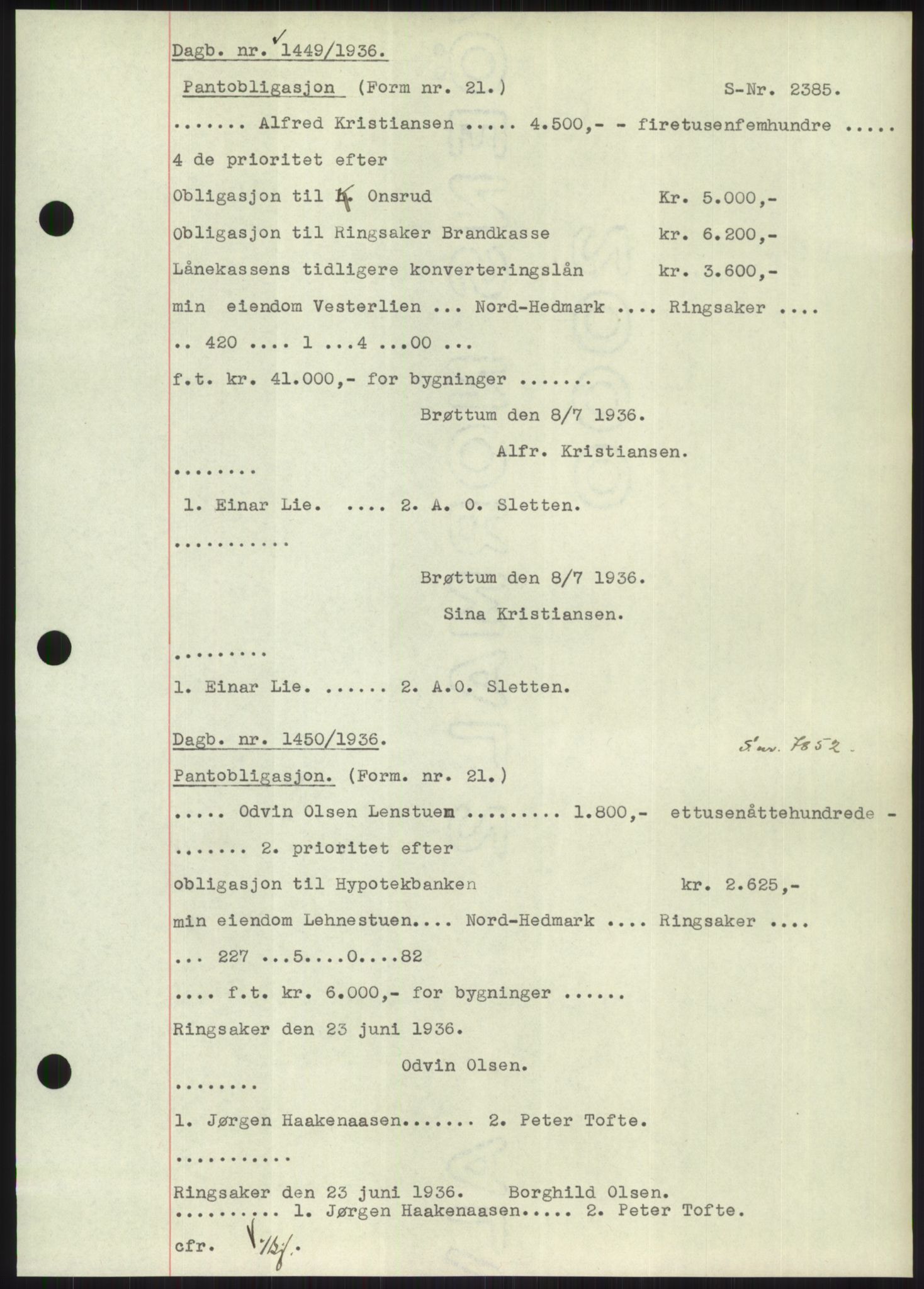 Nord-Hedmark sorenskriveri, SAH/TING-012/H/Hb/Hbf/L0001: Pantebok nr. B1, 1936-1936, Dagboknr: 1449/1936