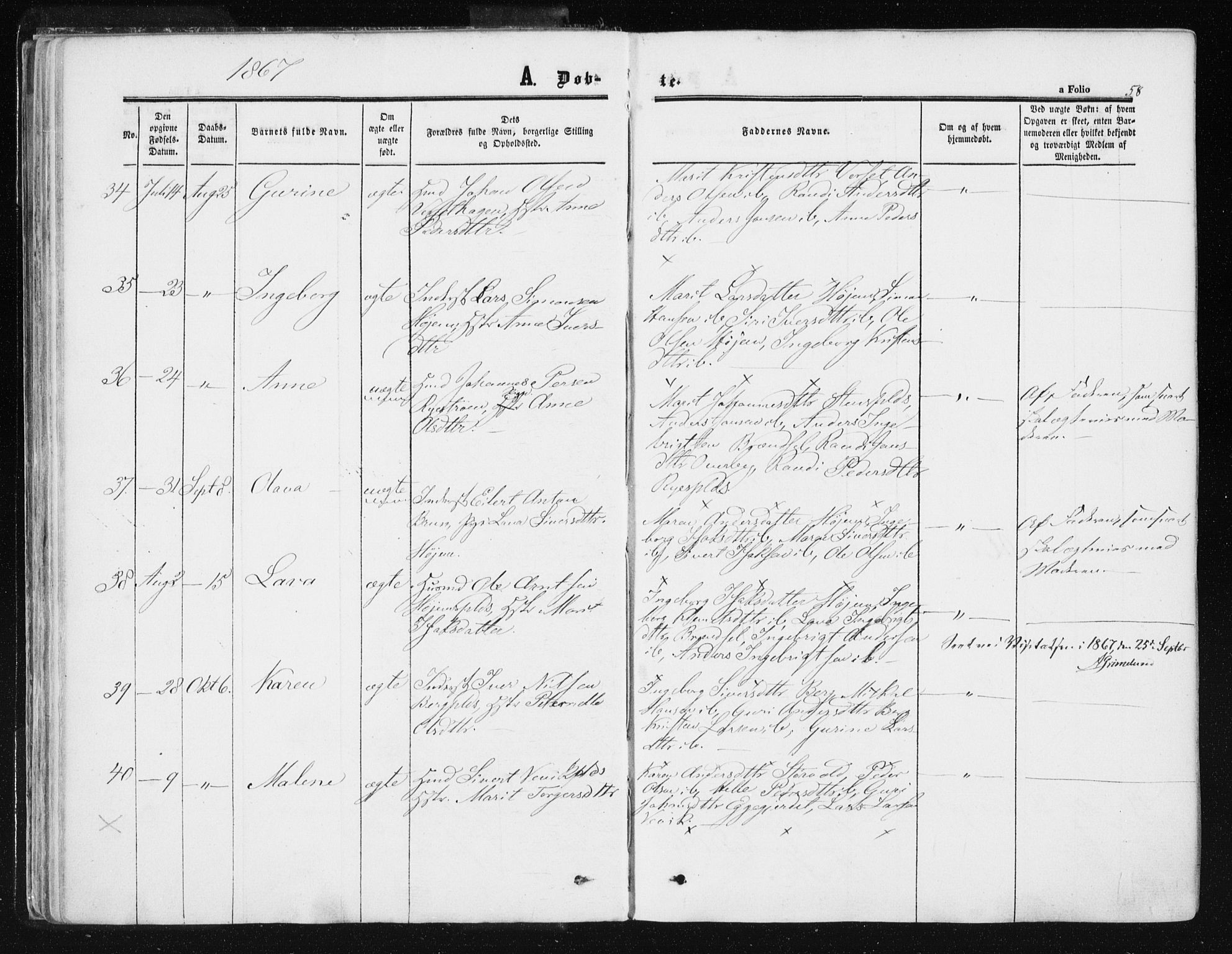 Ministerialprotokoller, klokkerbøker og fødselsregistre - Sør-Trøndelag, SAT/A-1456/612/L0377: Ministerialbok nr. 612A09, 1859-1877, s. 58
