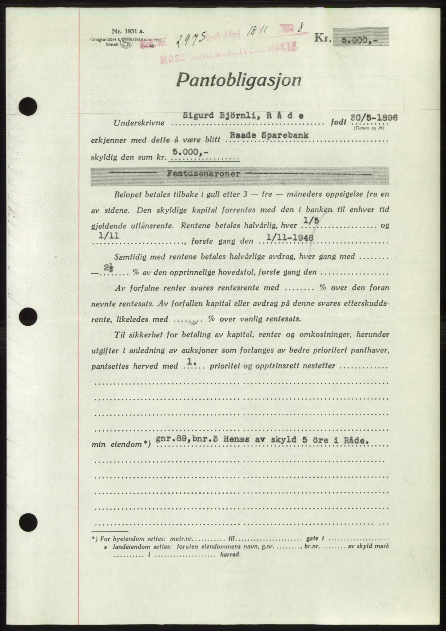 Moss sorenskriveri, AV/SAO-A-10168: Pantebok nr. B20, 1948-1948, Dagboknr: 2975/1948