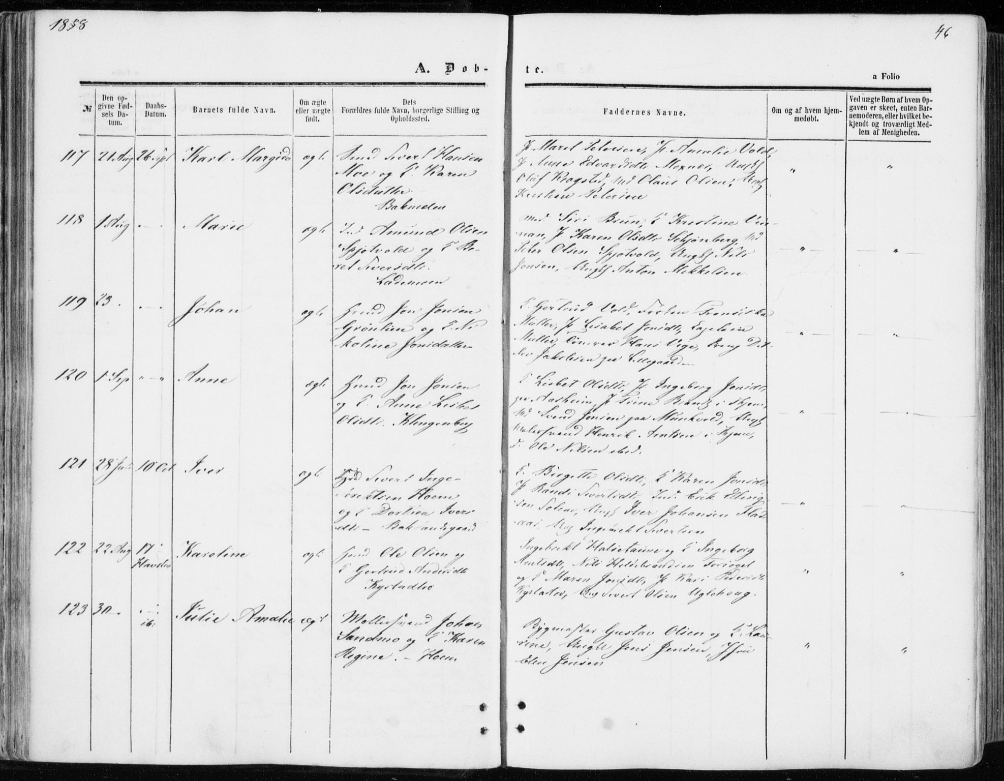 Ministerialprotokoller, klokkerbøker og fødselsregistre - Sør-Trøndelag, AV/SAT-A-1456/606/L0292: Ministerialbok nr. 606A07, 1856-1865, s. 46