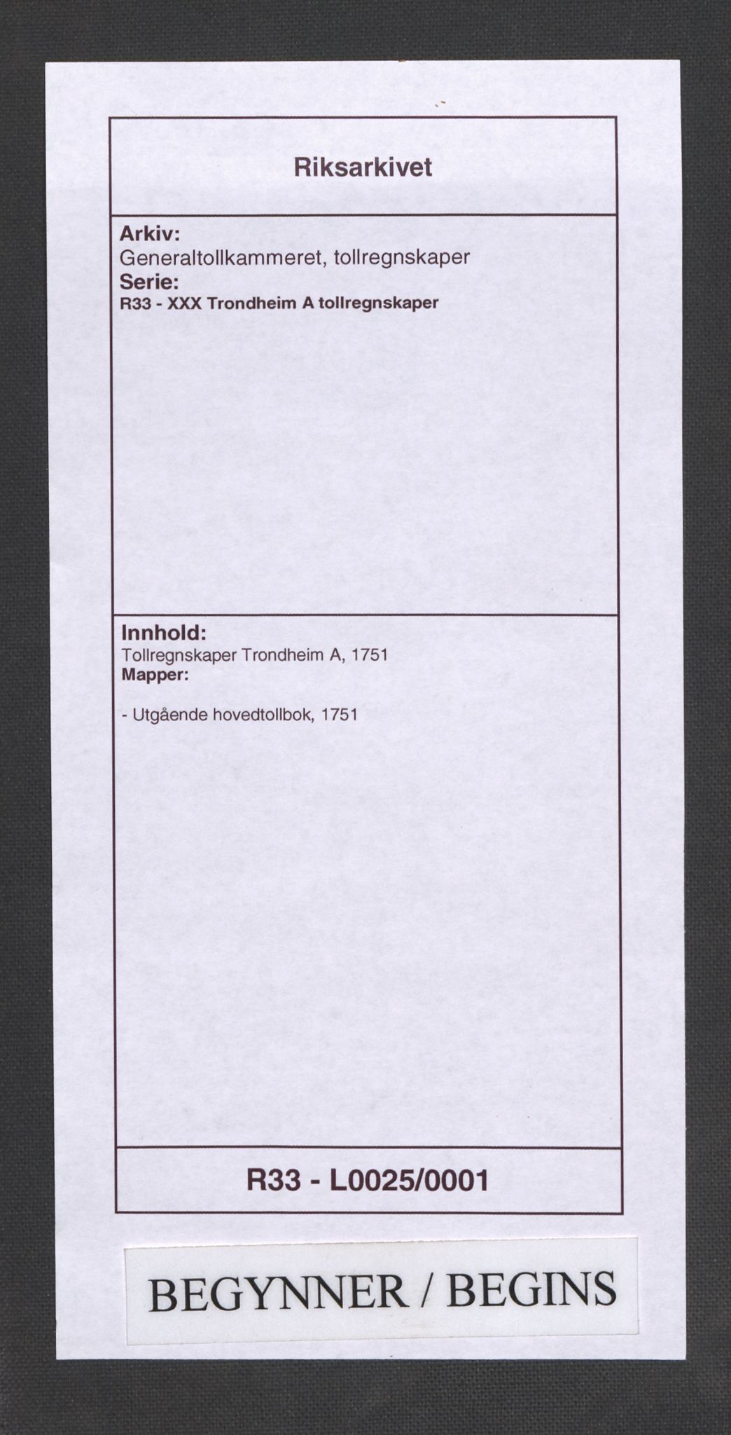 Generaltollkammeret, tollregnskaper, RA/EA-5490/R33/L0025/0001: Tollregnskaper Trondheim A / Utgående hovedtollbok, 1751