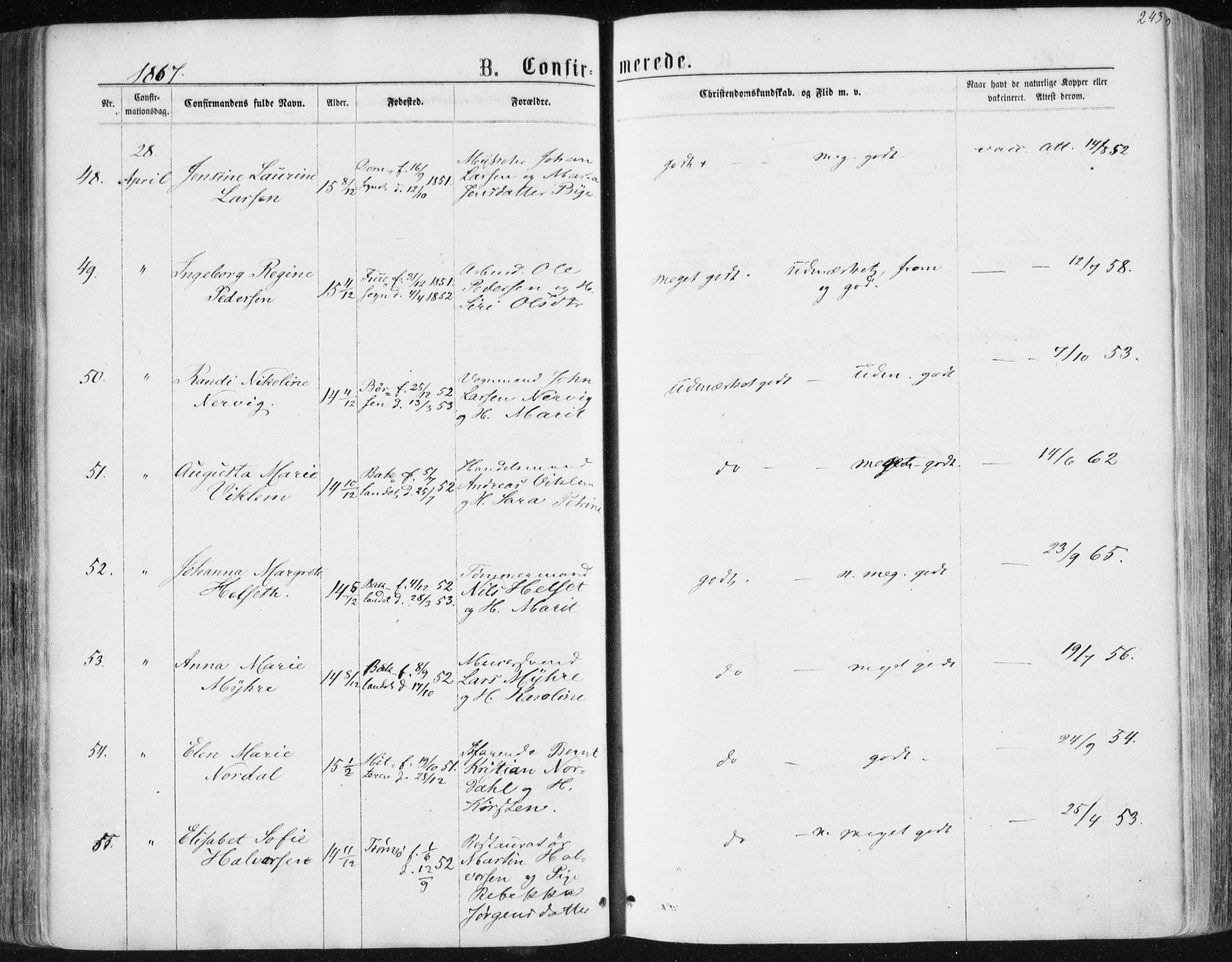 Ministerialprotokoller, klokkerbøker og fødselsregistre - Sør-Trøndelag, SAT/A-1456/604/L0186: Ministerialbok nr. 604A07, 1866-1877, s. 243