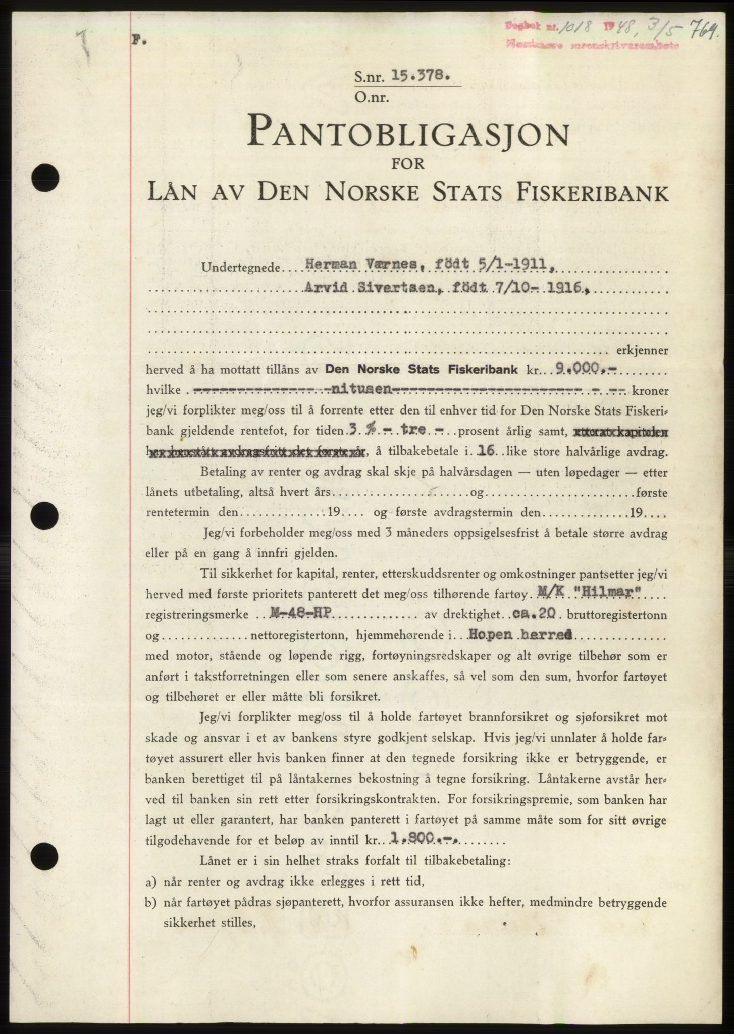 Nordmøre sorenskriveri, SAT/A-4132/1/2/2Ca: Pantebok nr. B98, 1948-1948, Dagboknr: 1018/1948