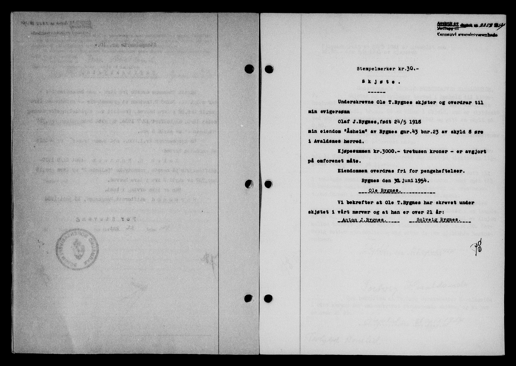 Karmsund sorenskriveri, SAST/A-100311/01/II/IIB/L0113: Pantebok nr. 93A, 1954-1954, Dagboknr: 2253/1954