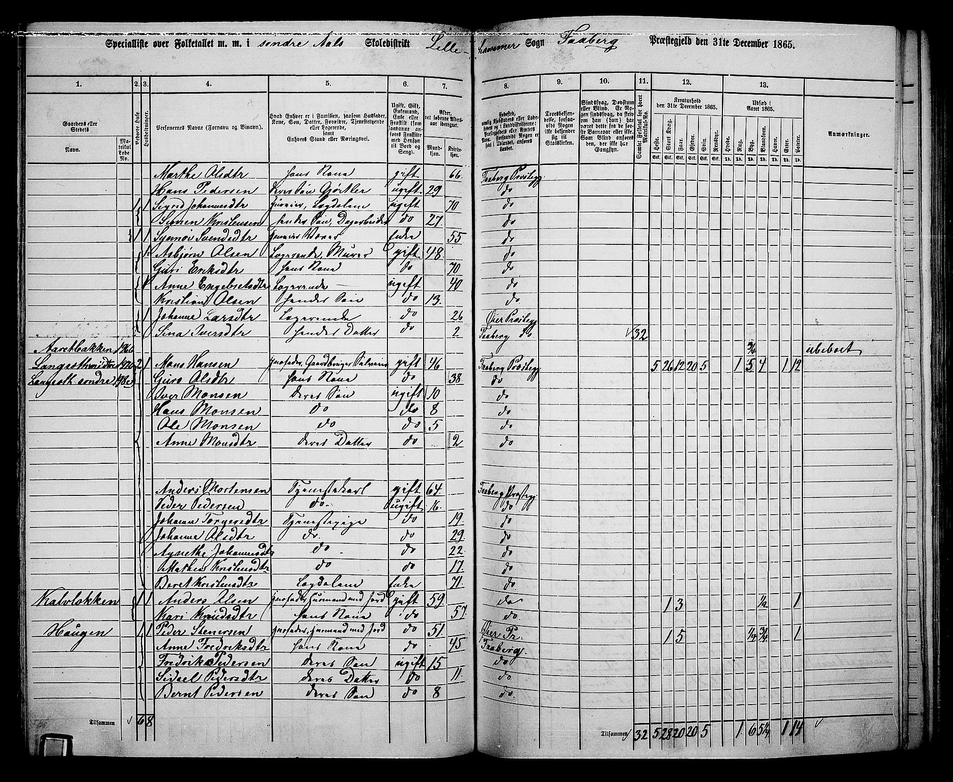 RA, Folketelling 1865 for 0524L Fåberg prestegjeld, Fåberg sokn og Lillehammer landsokn, 1865, s. 131