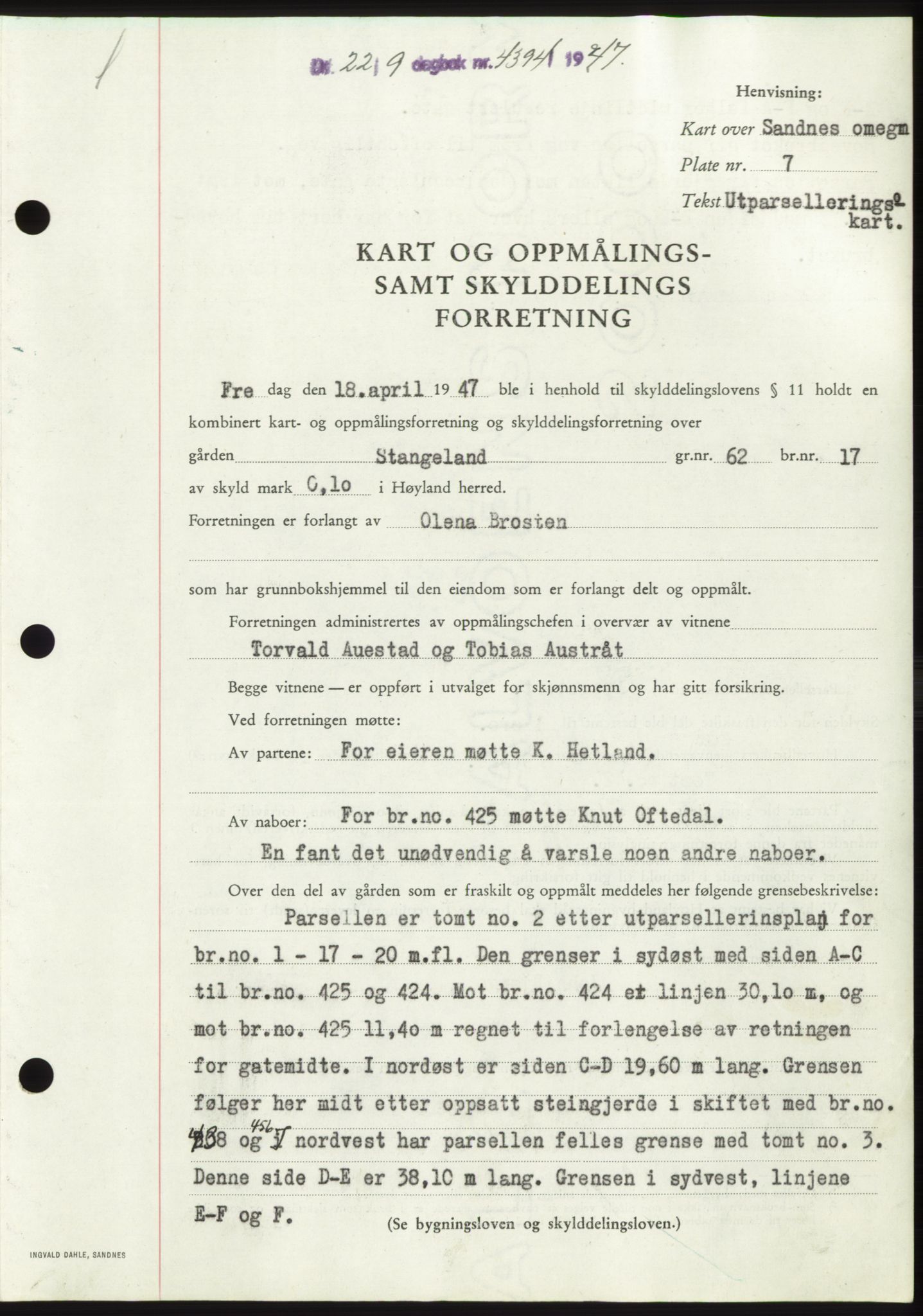 Jæren sorenskriveri, SAST/A-100310/03/G/Gba/L0096: Pantebok, 1947-1947, Dagboknr: 4394/1947