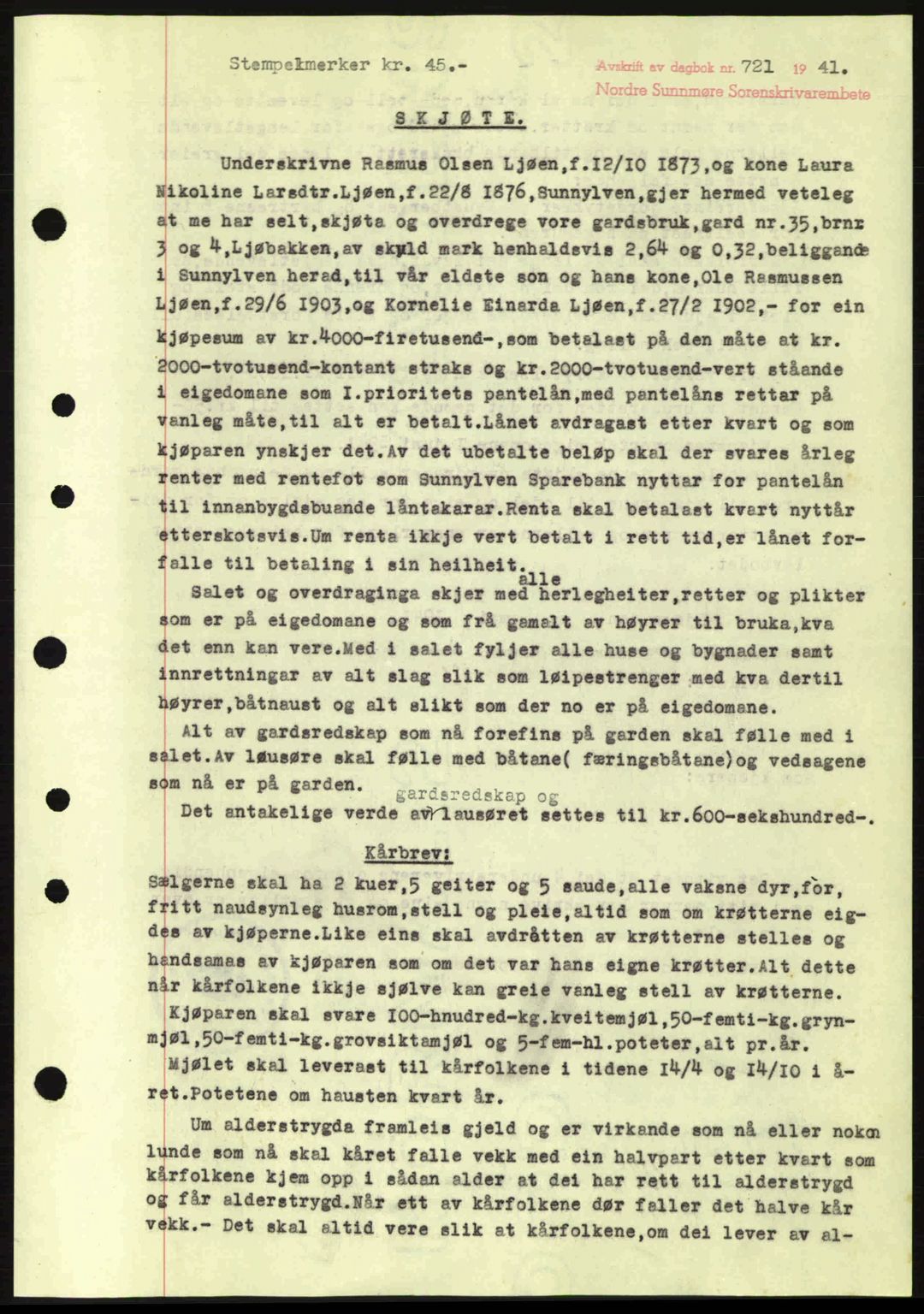 Nordre Sunnmøre sorenskriveri, SAT/A-0006/1/2/2C/2Ca: Pantebok nr. A10, 1940-1941, Dagboknr: 721/1941