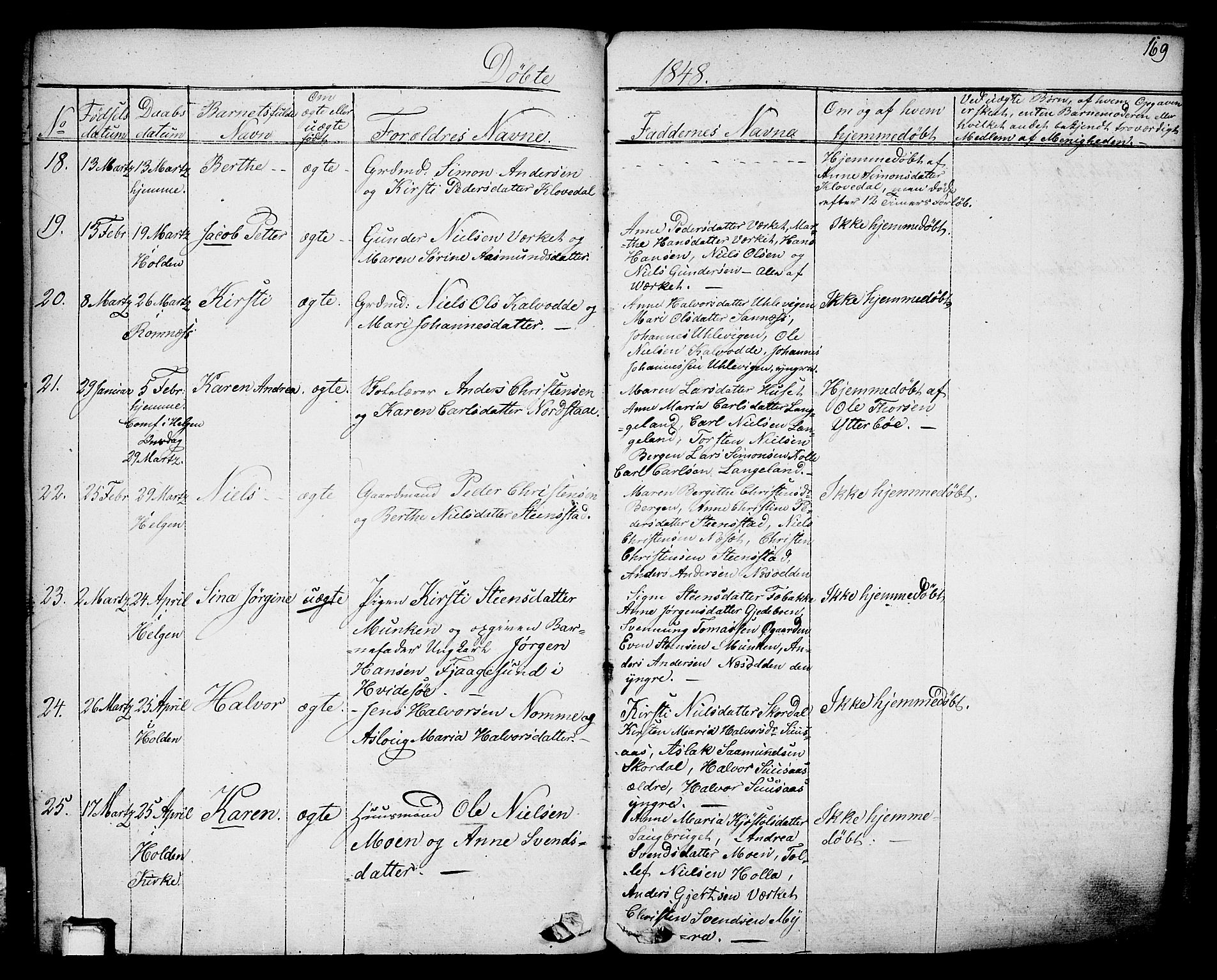 Holla kirkebøker, AV/SAKO-A-272/F/Fa/L0004: Ministerialbok nr. 4, 1830-1848, s. 169