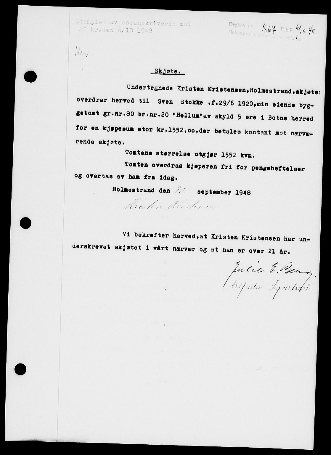 Holmestrand sorenskriveri, SAKO/A-67/G/Ga/Gaa/L0065: Pantebok nr. A-65, 1948-1949, Dagboknr: 1867/1948