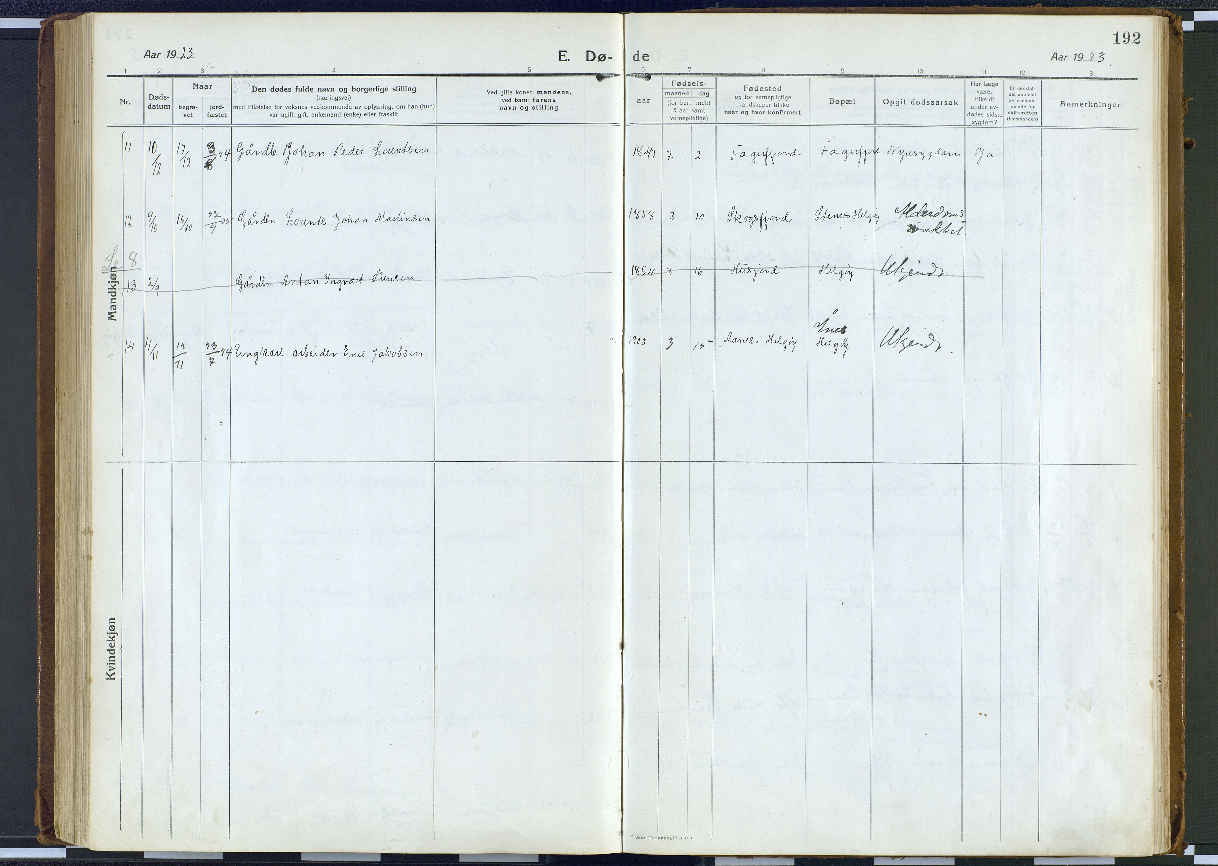 Karlsøy sokneprestembete, AV/SATØ-S-1299/H/Ha/Haa/L0016kirke: Ministerialbok nr. 16, 1916-1934, s. 192